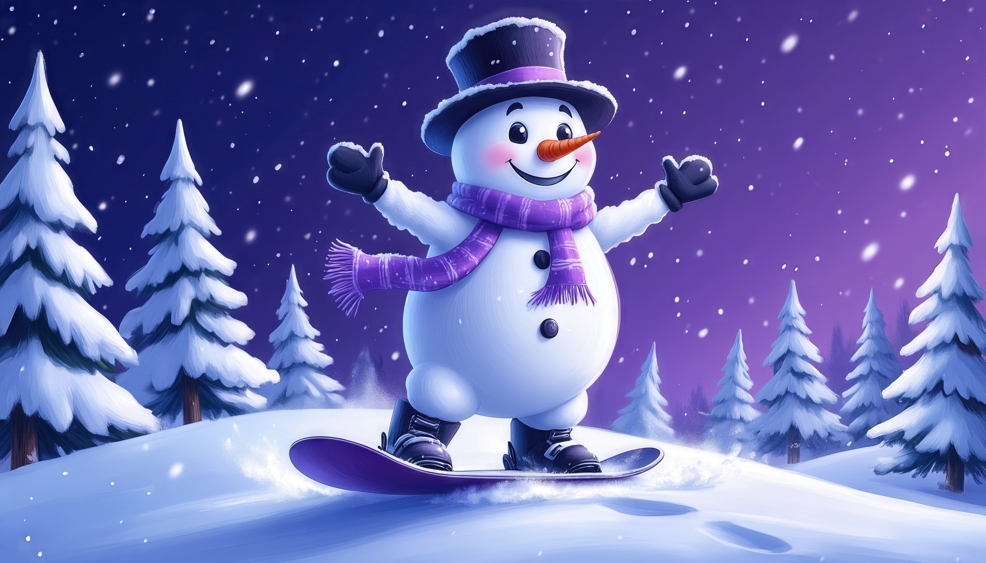 A cheerful snowman is snowboarding in the winter forest.