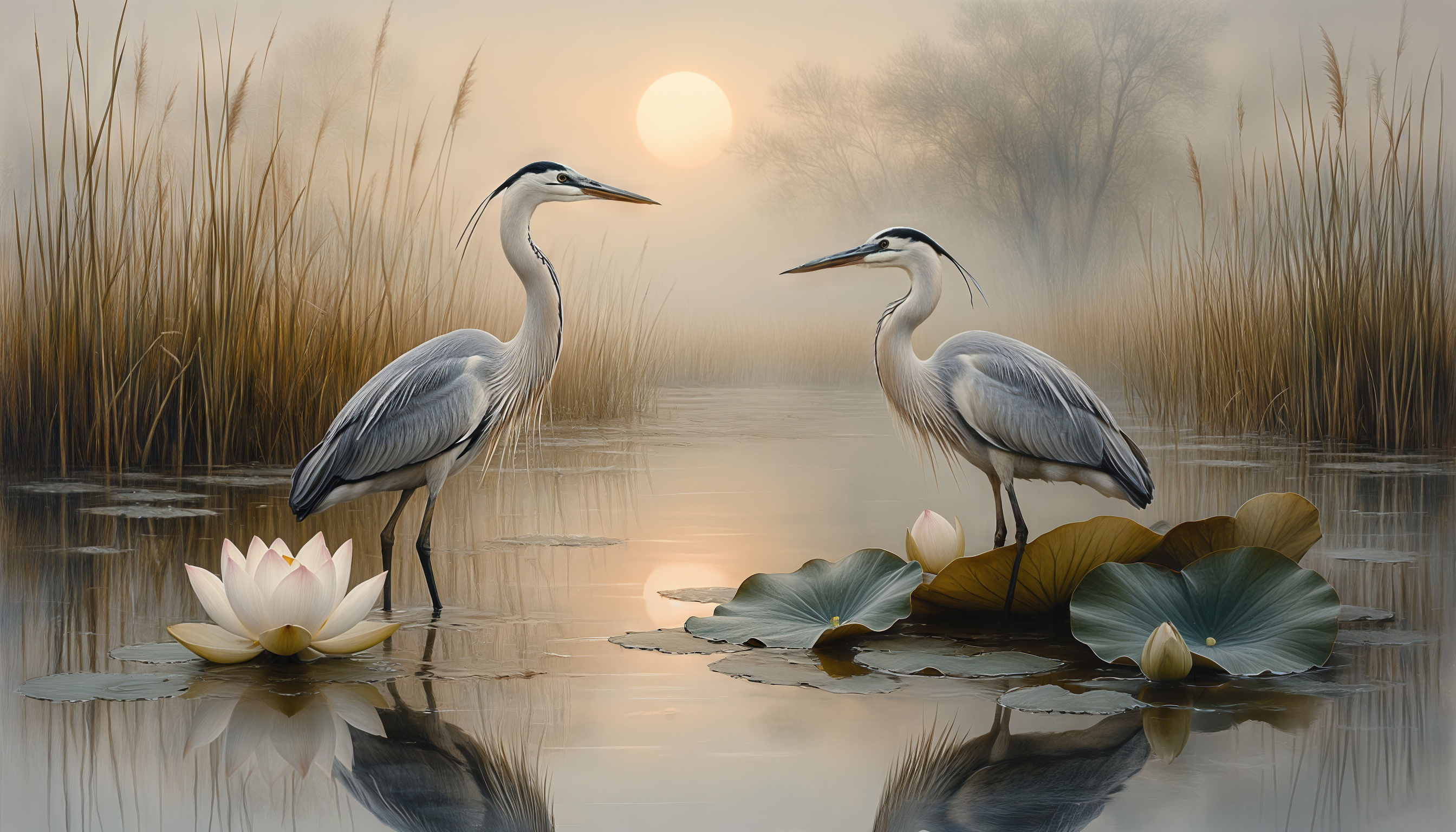 Free photo Two herons at dawn among water lilies and reeds by the water.