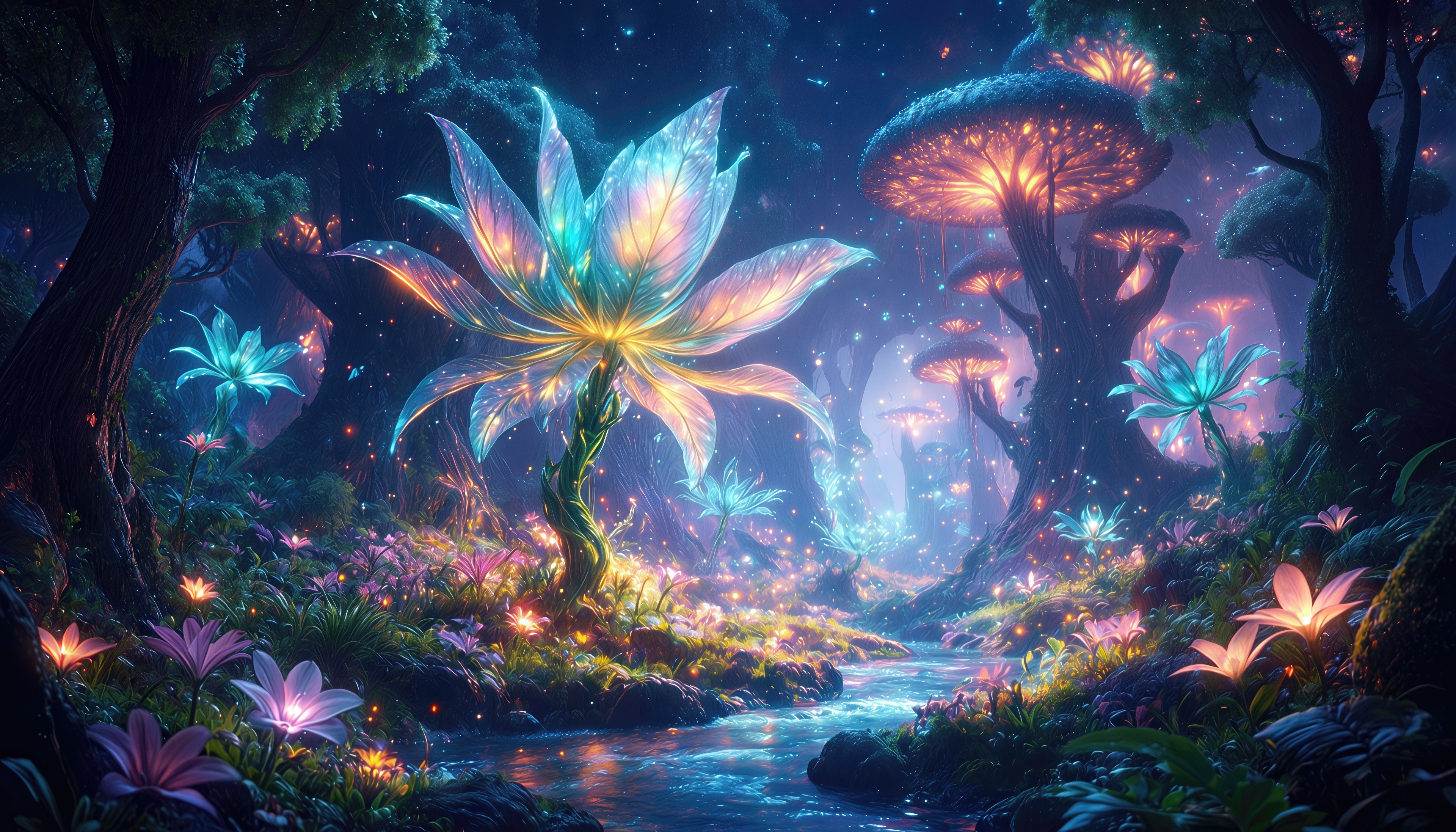 Free photo The magical forest is shining: flowers and mushrooms glow in the silence of the night.