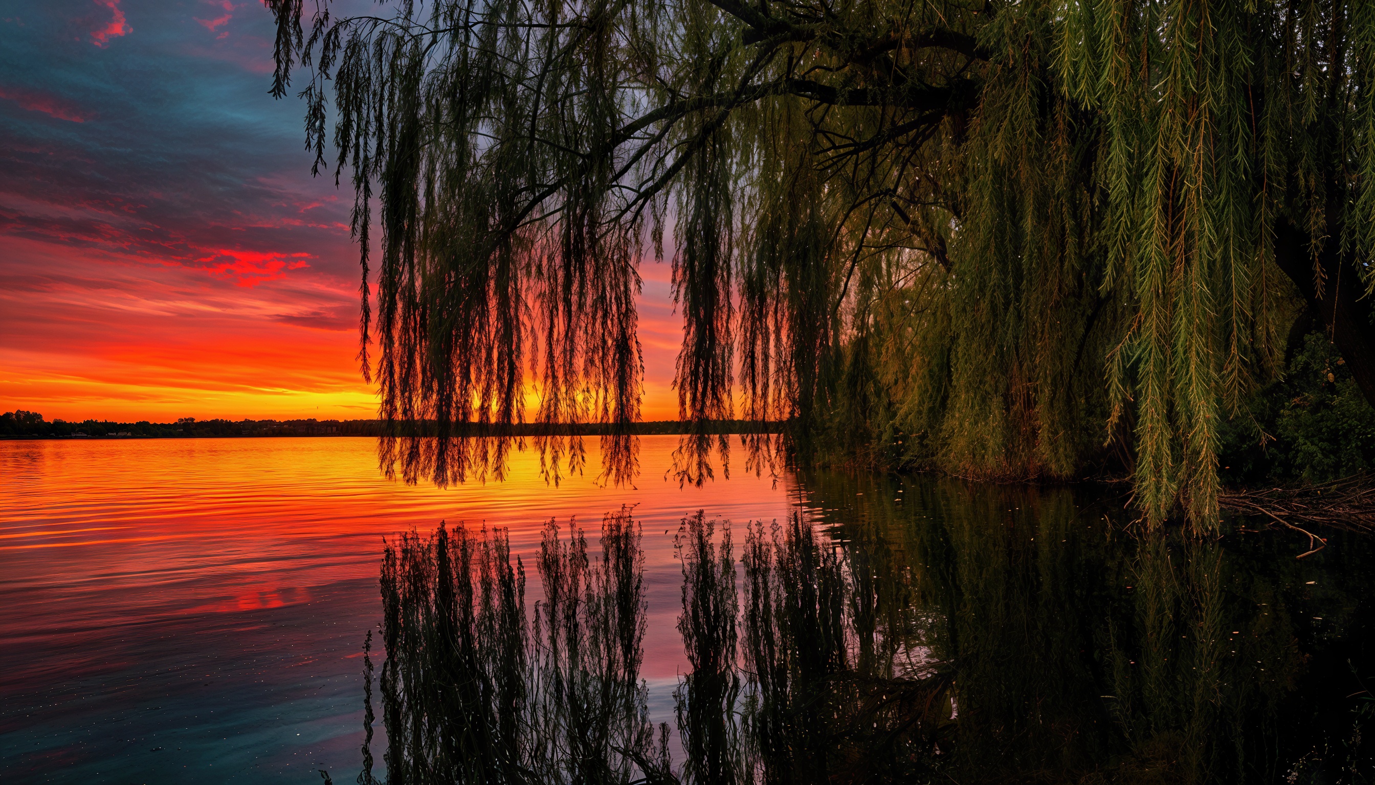 Бесплатное фото Закат над водоемом с отражением ивы в спокойной воде, создающий атмосферу умиротворения.