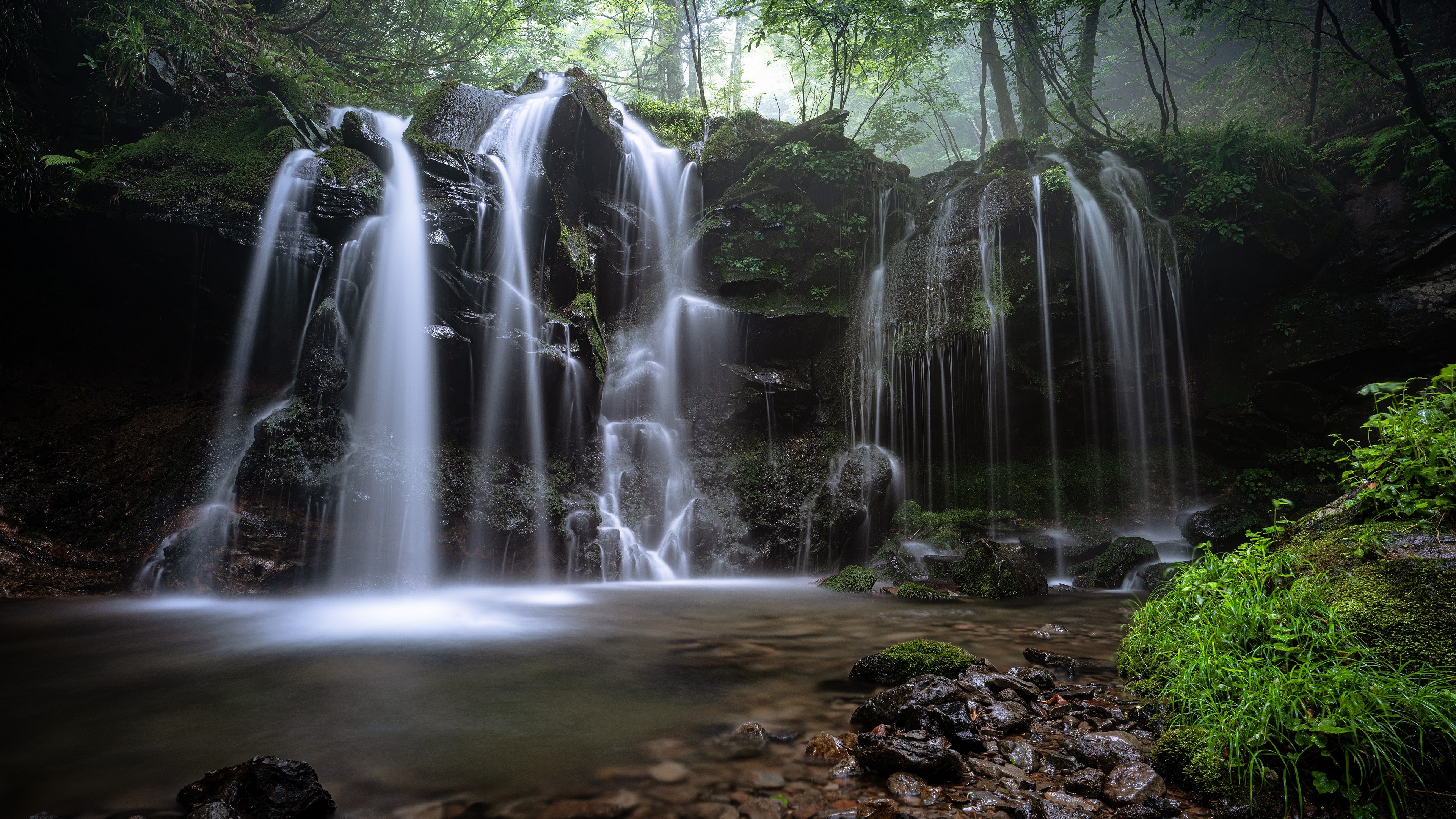 Free photo A waterfall in the forest in a rocky area