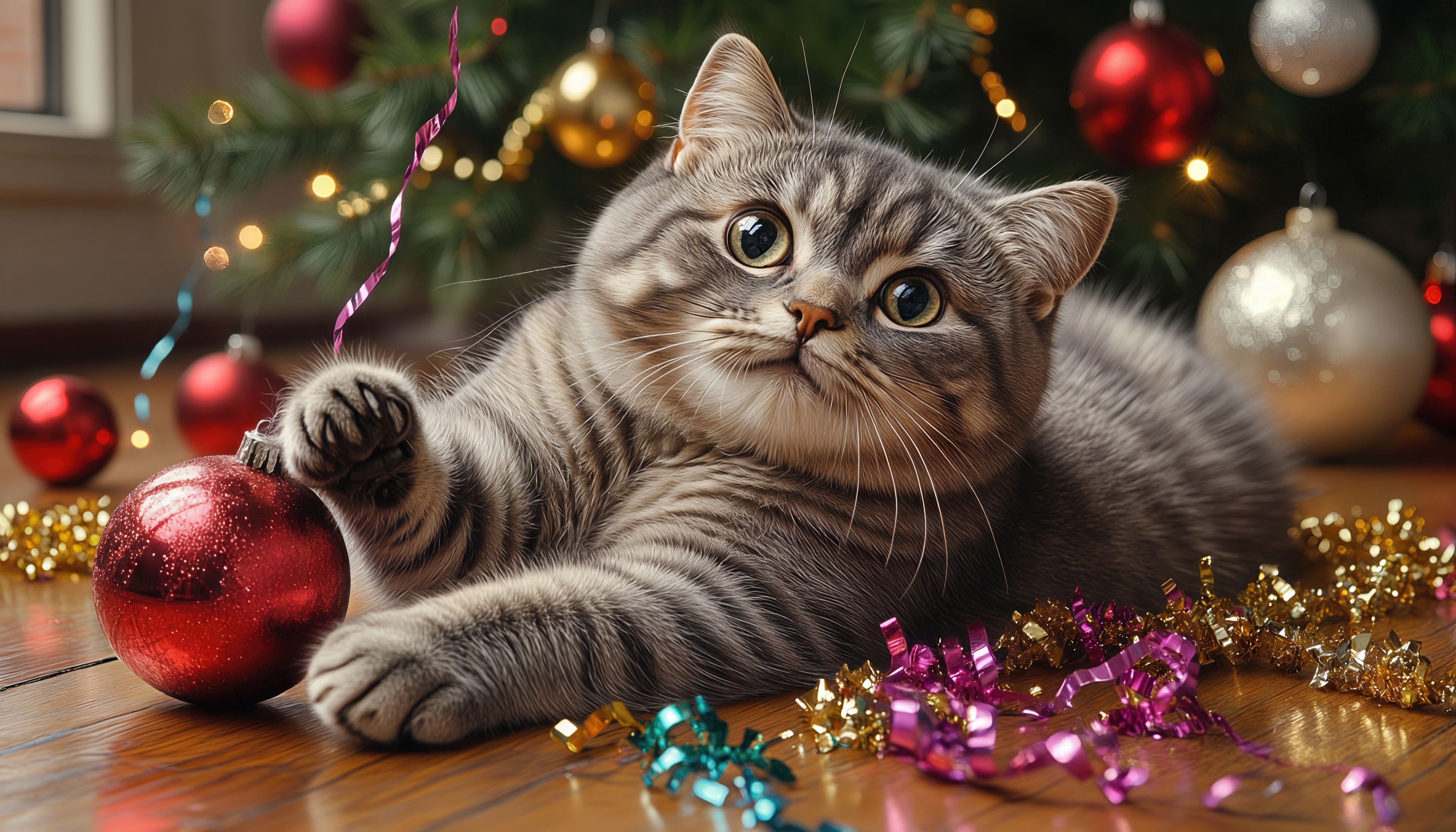 Милый котик играет с новогодним шаром у ёлки - пусть ваш год будет таким же весёлым!