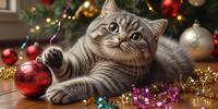 Милый котик играет с новогодним шаром у ёлки - пусть ваш год будет таким же весёлым!