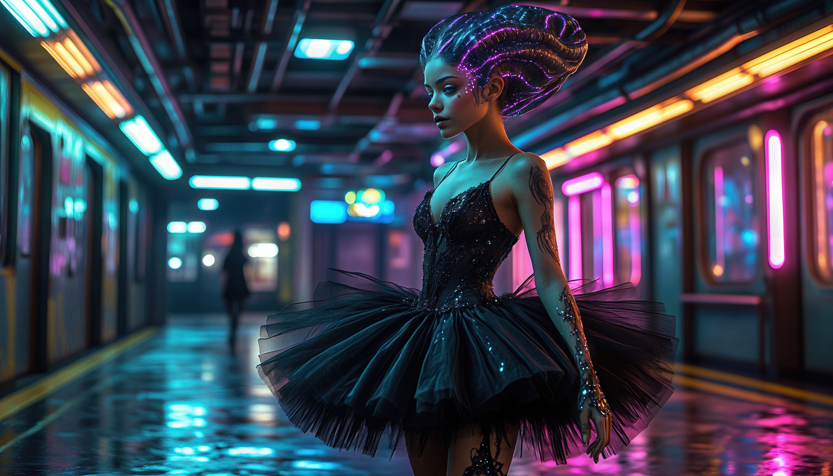 Бесплатное фото Девушка в футуристическом платье с неоновой подсветкой в коридоре.