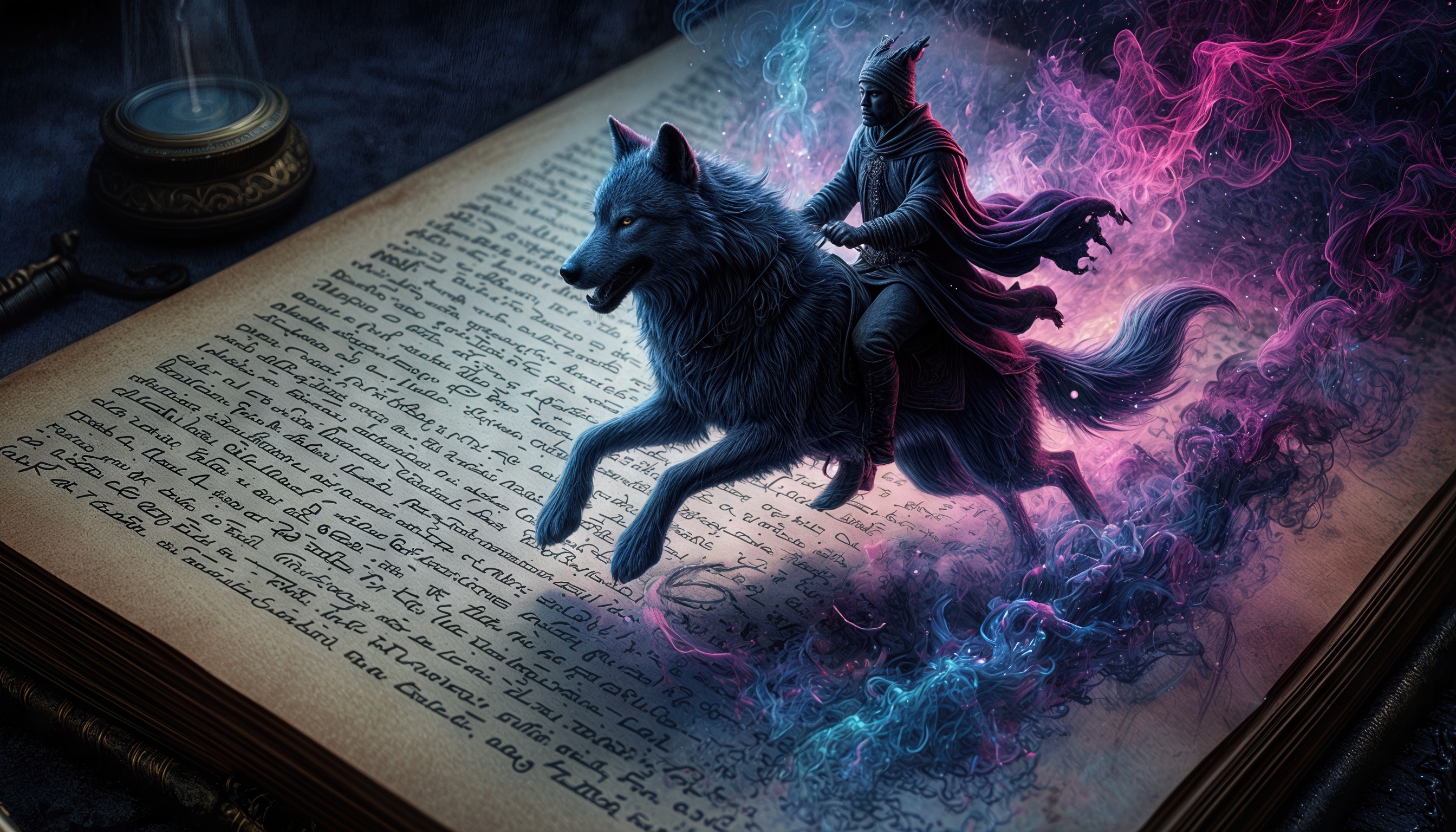 Иван-царевич и серый волк оживают на страницах книги, испускающей магические клубы дыма.