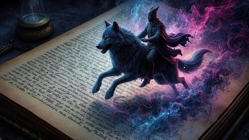 Бесплатное фото Иван-царевич и серый волк оживают на страницах книги, испускающей магические клубы дыма.