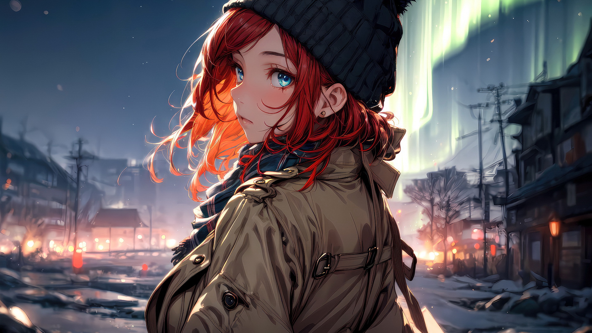 一个戴帽子的红发女孩站在冬日城市的背景中