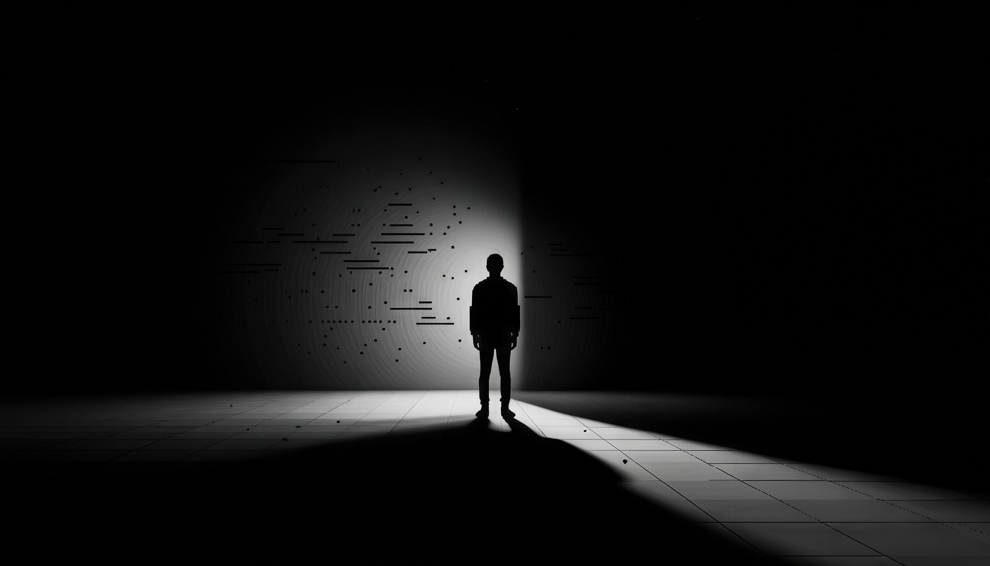 Free photo The silhouette of a man in a beam of light against the background of an abstract wall.