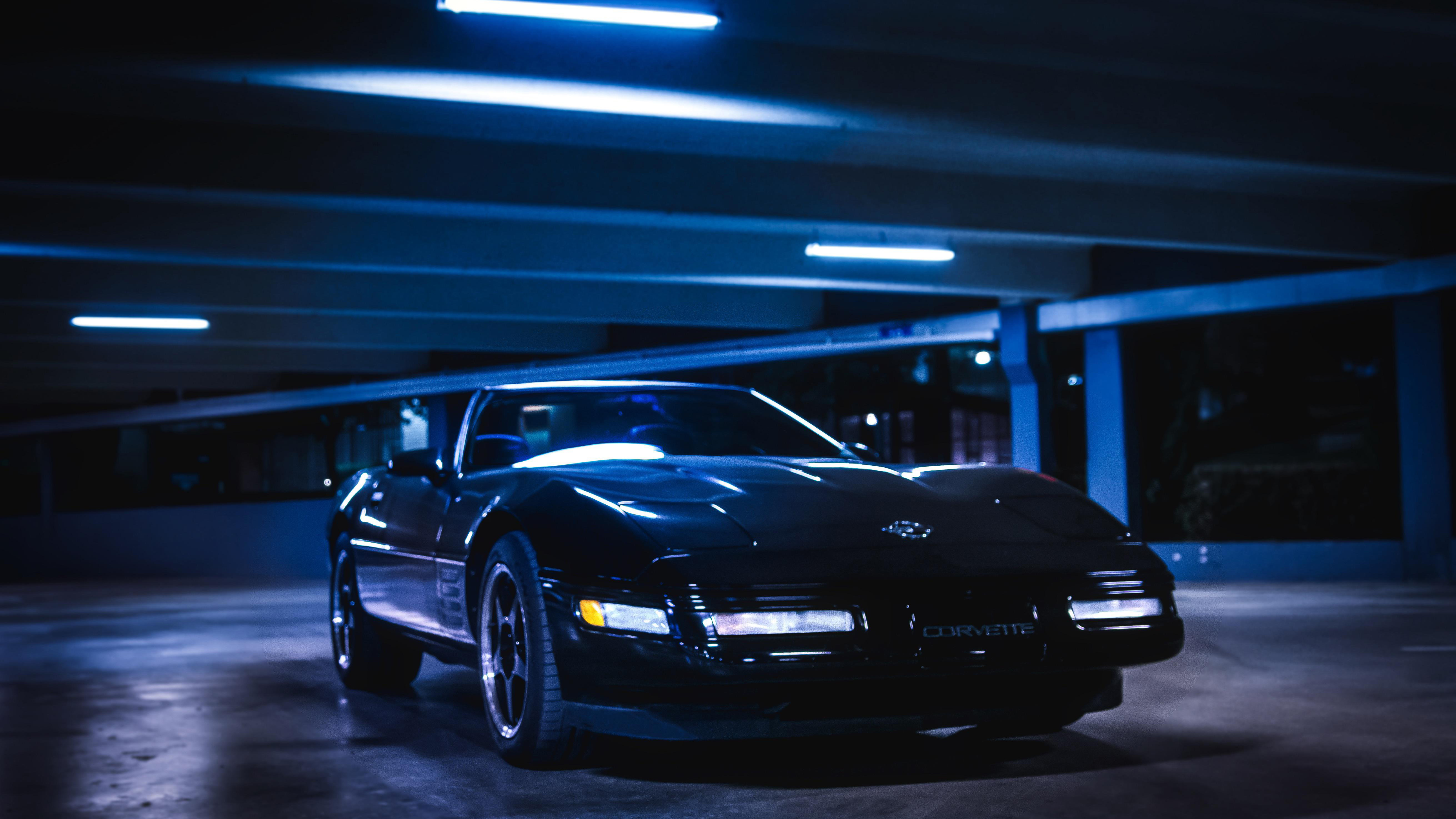 Corvette in an underground parking garage