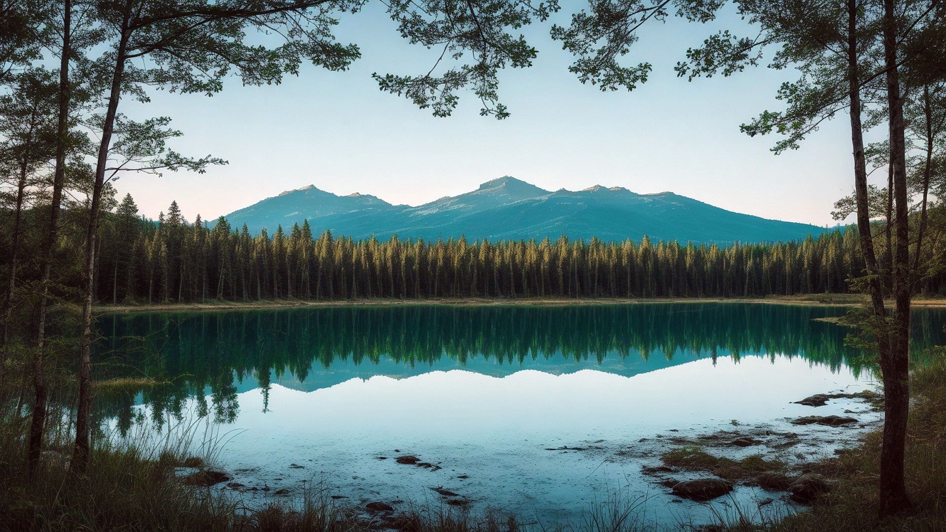 Free photo Forest lake and mountains