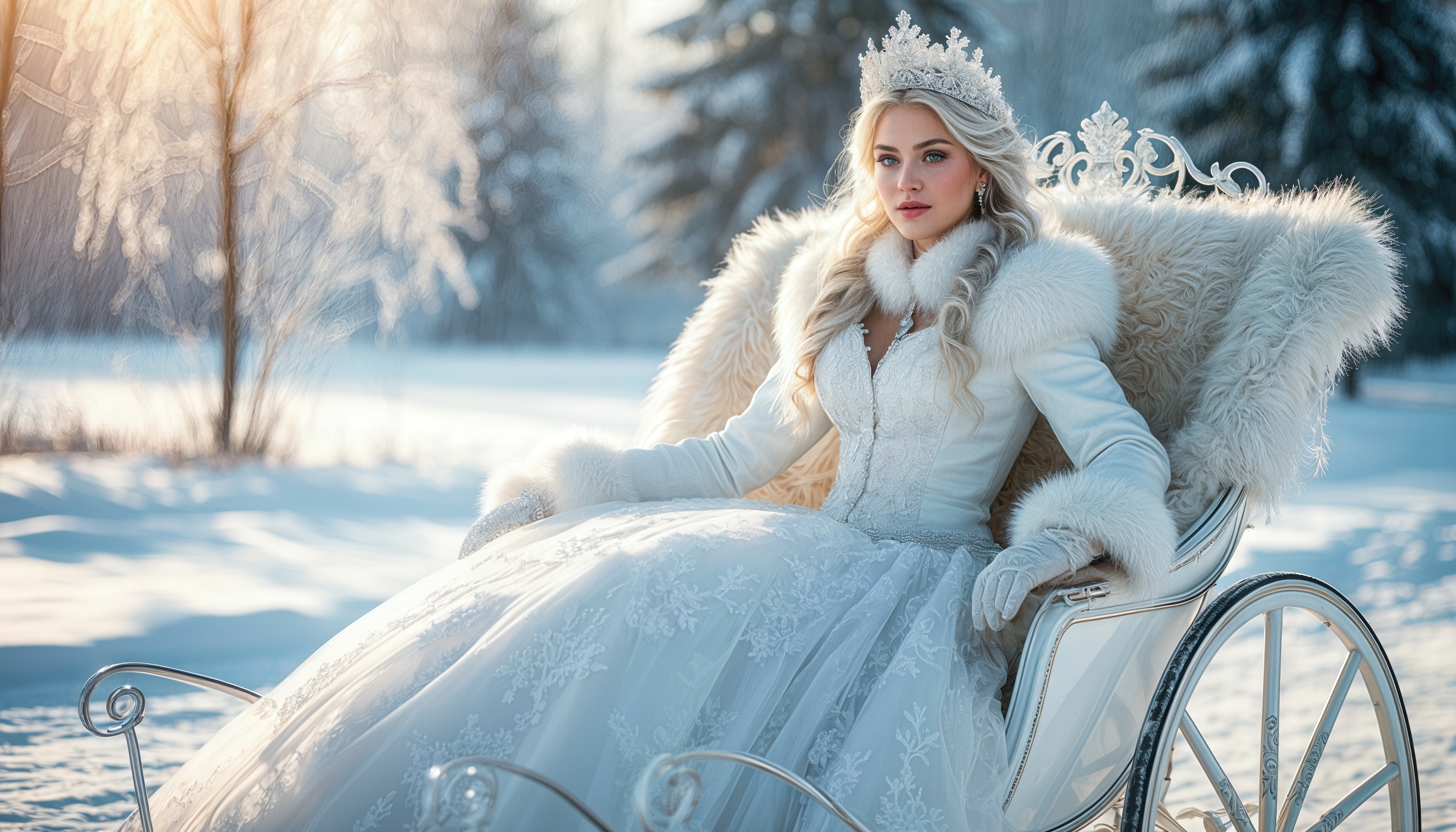 Snow Queen in a white dress on a sleigh in the winter forest.