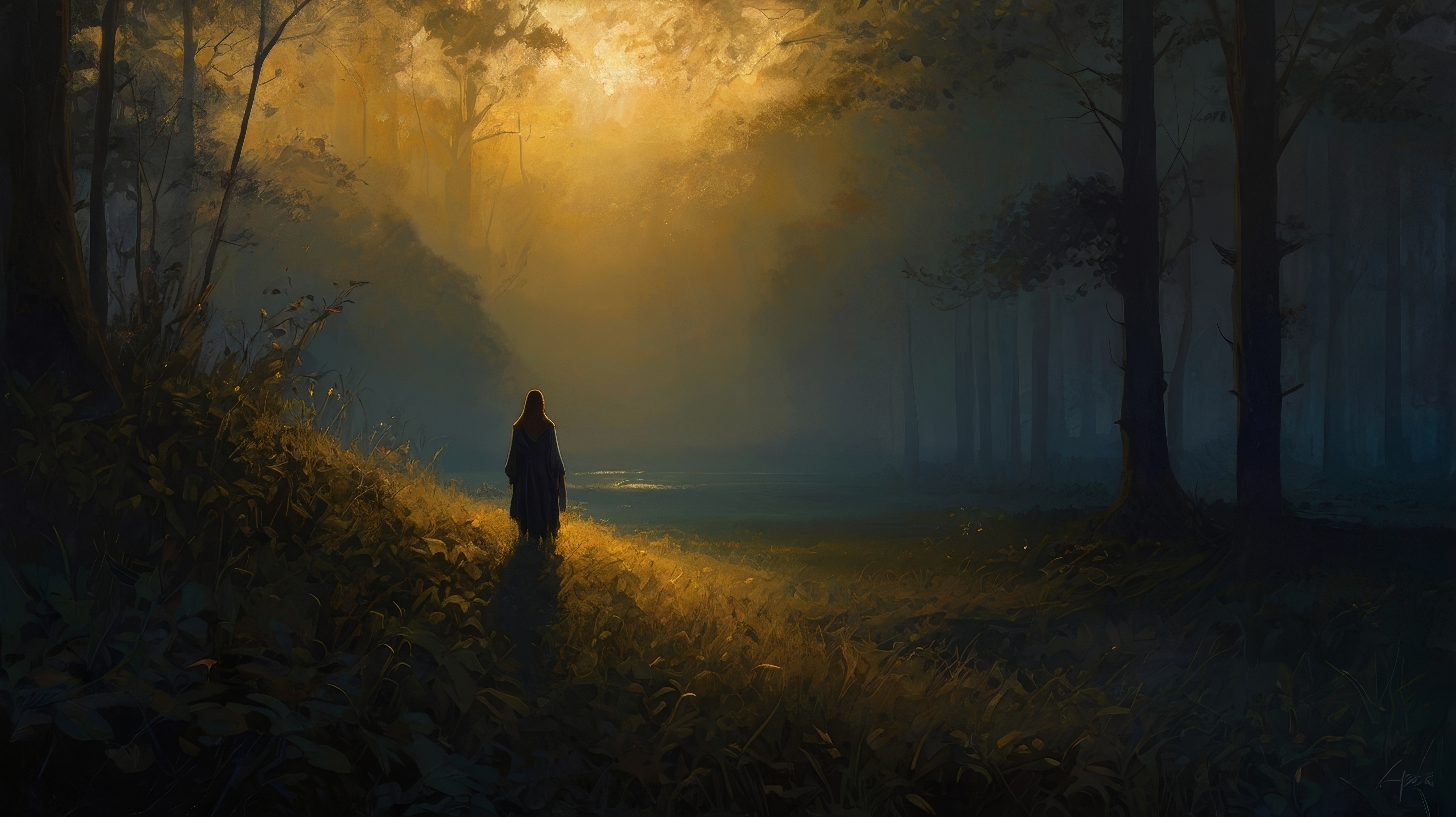 Картина с изображением человека, идущего по темному лесу