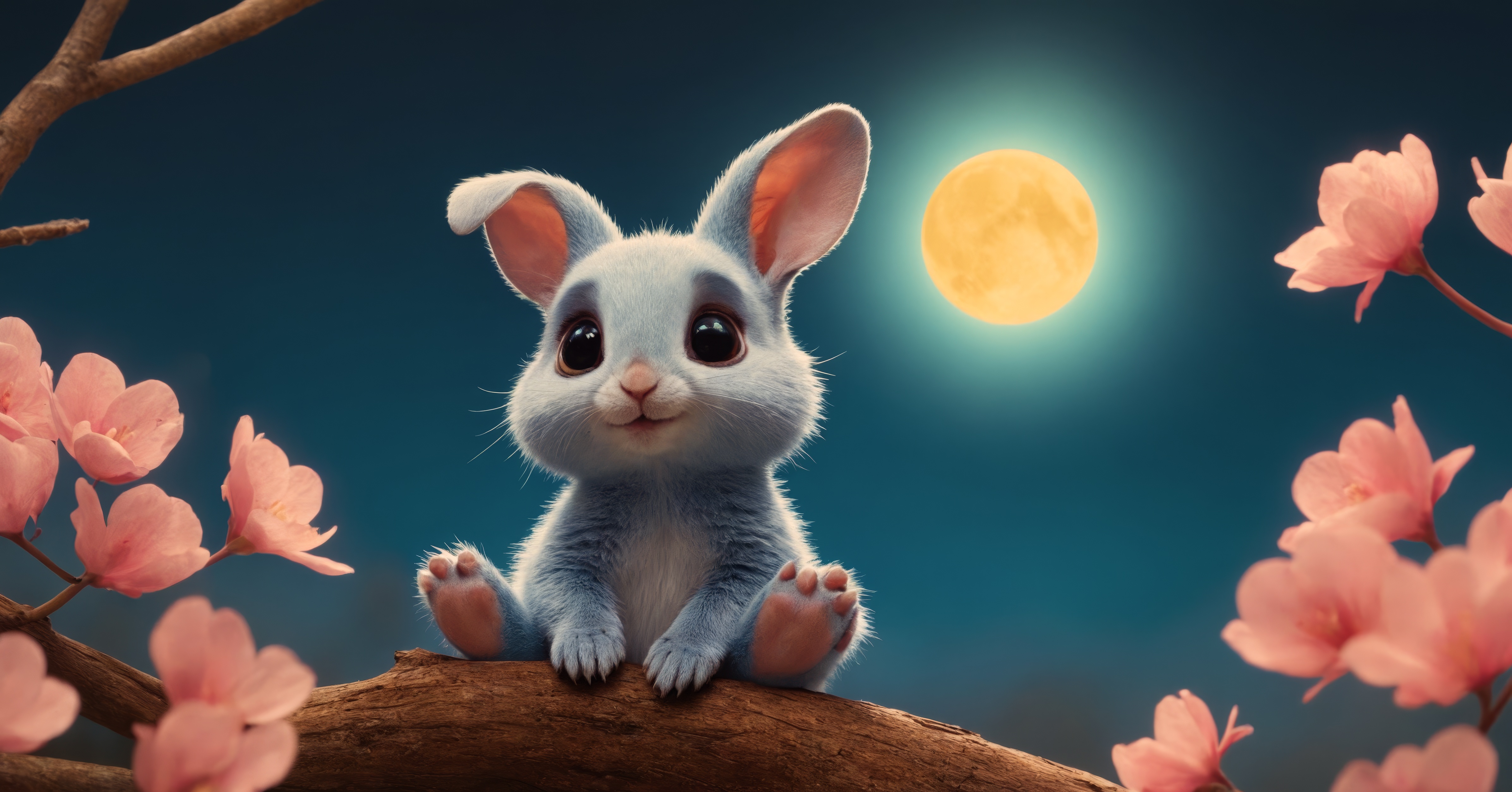 Бесплатное фото Кролик сидит на ветке в окружении розовых цветов.