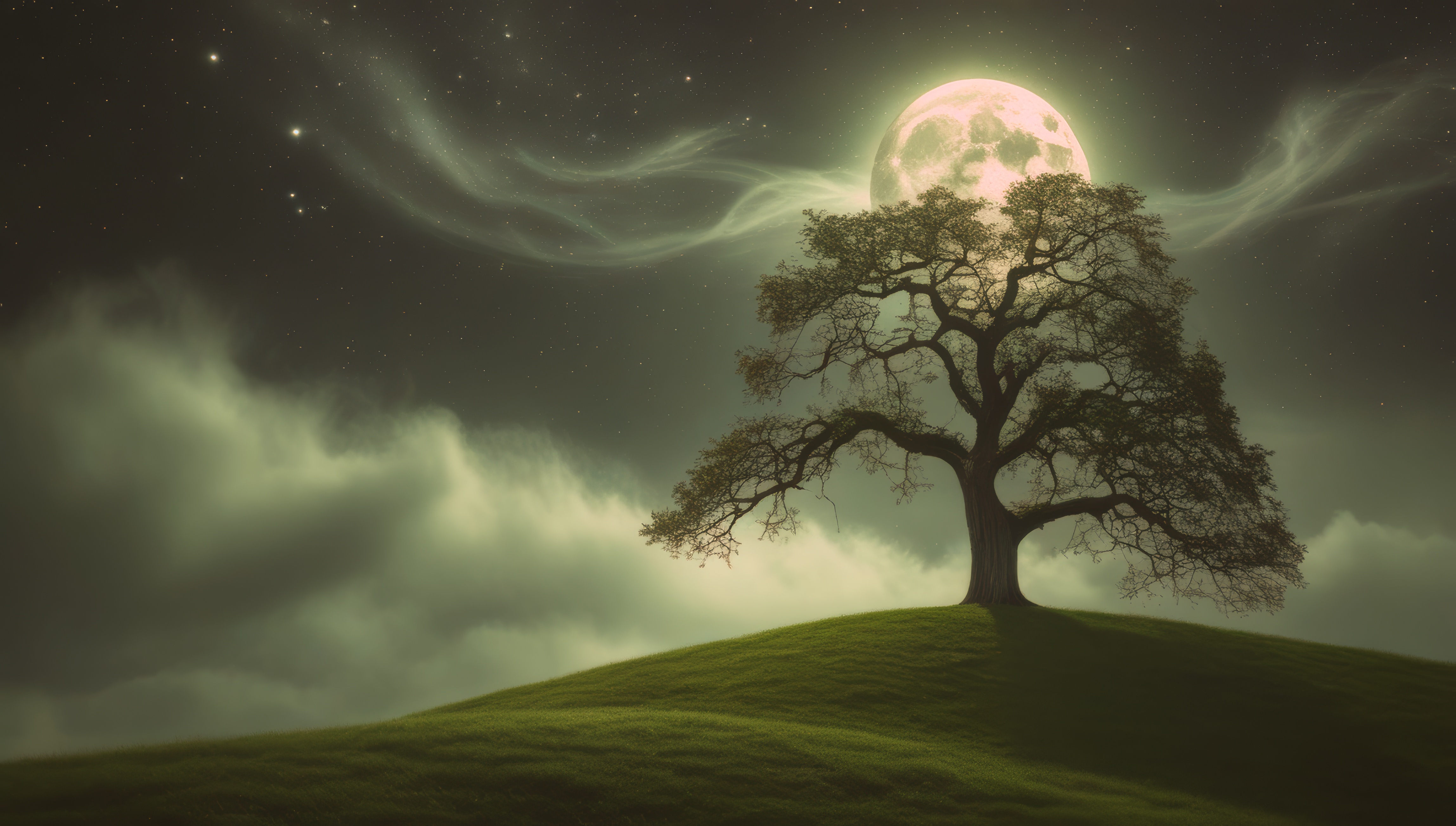 Бесплатное фото Дерево на травянистом холме с луной в небе
