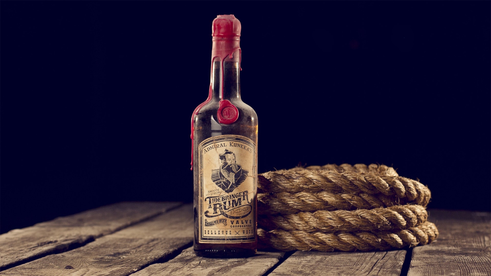 A rope and a bottle of rum labeled Admiral Kunkka.
