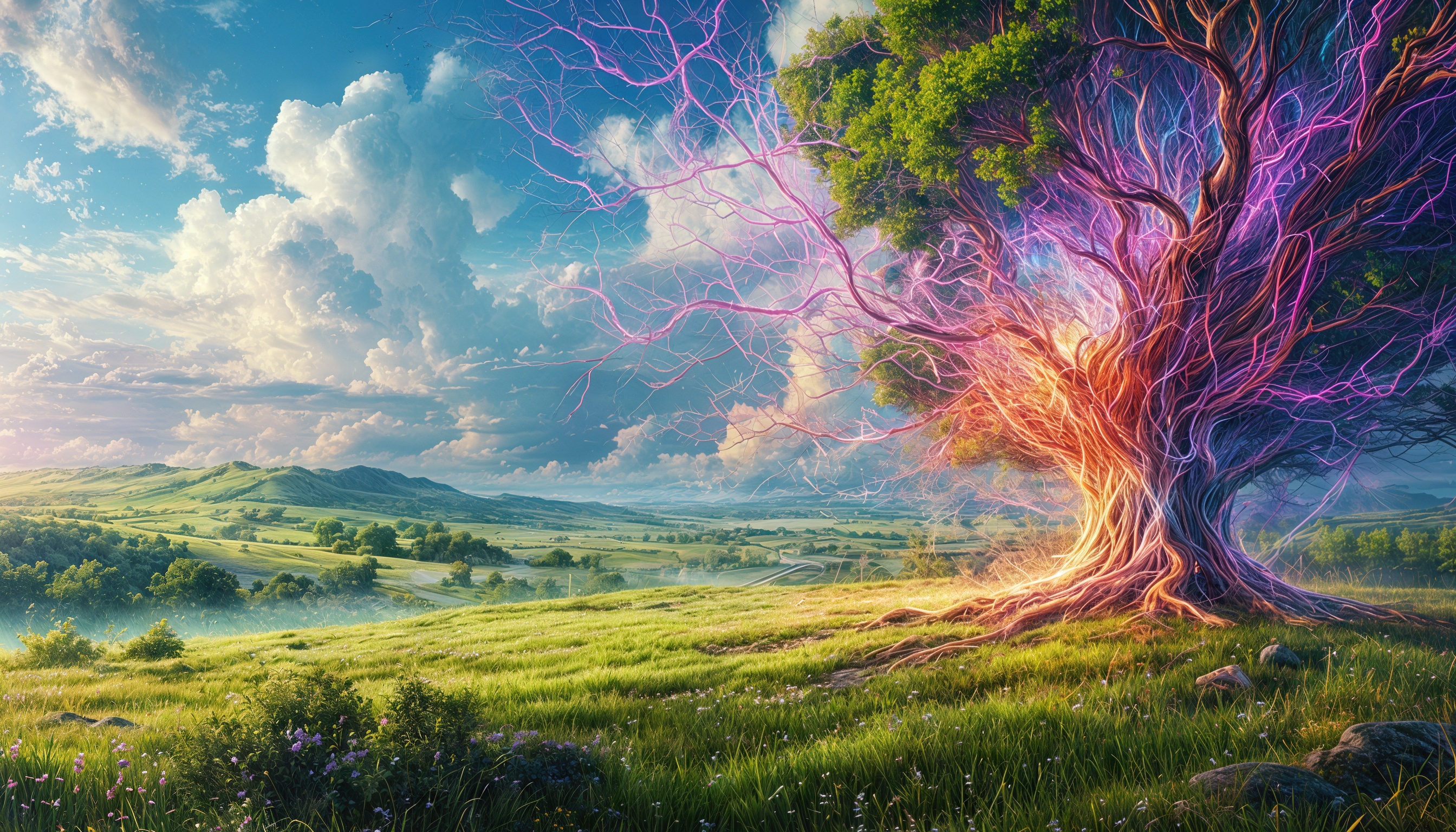 Бесплатное фото Дерево, пораженное хаосом, с фиолетово-оранжевыми ветвями, контрастирует с зелеными полями и ясным небом.