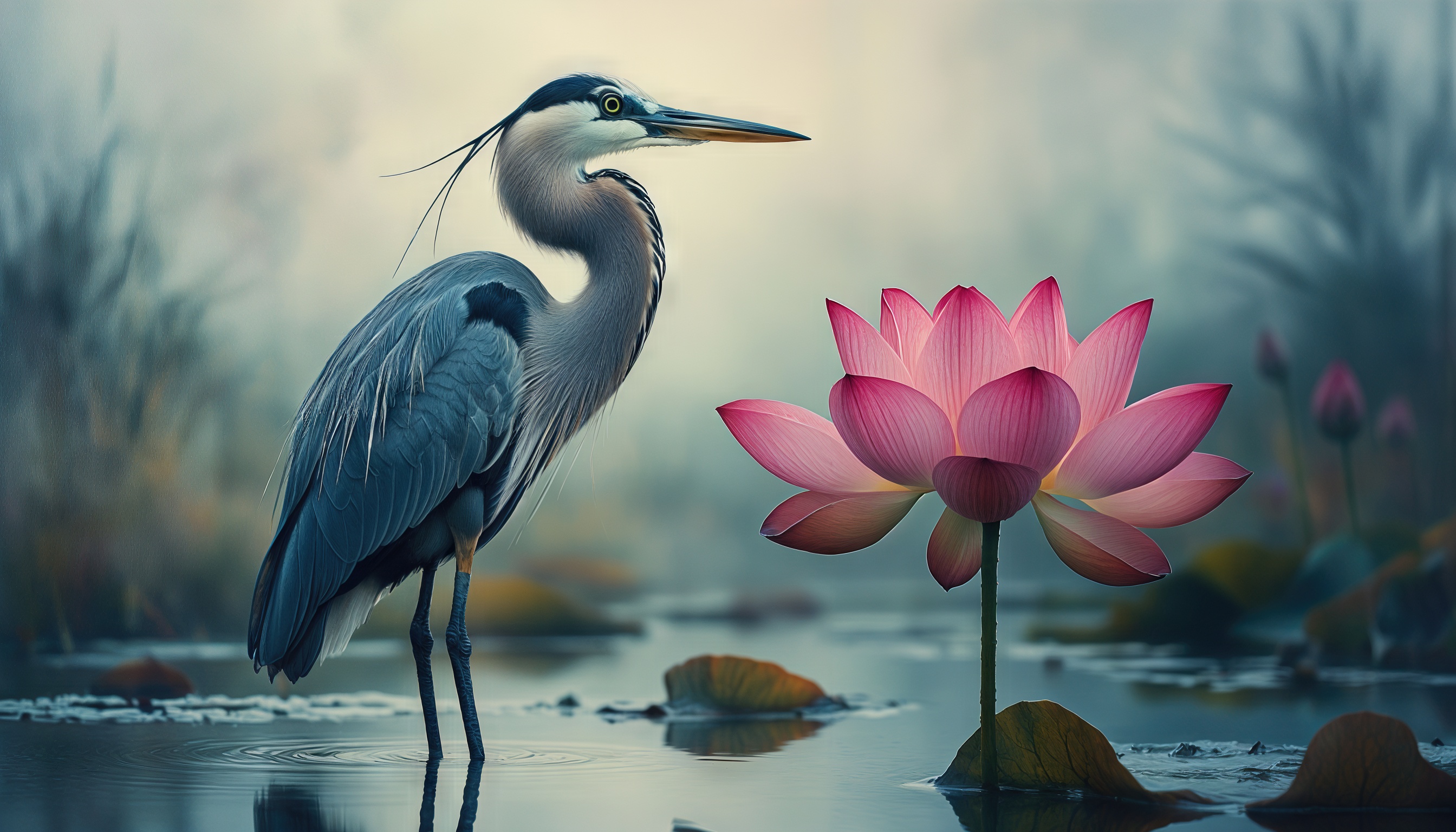 Цапля рядом с цветком лотоса на фоне размытой природы.