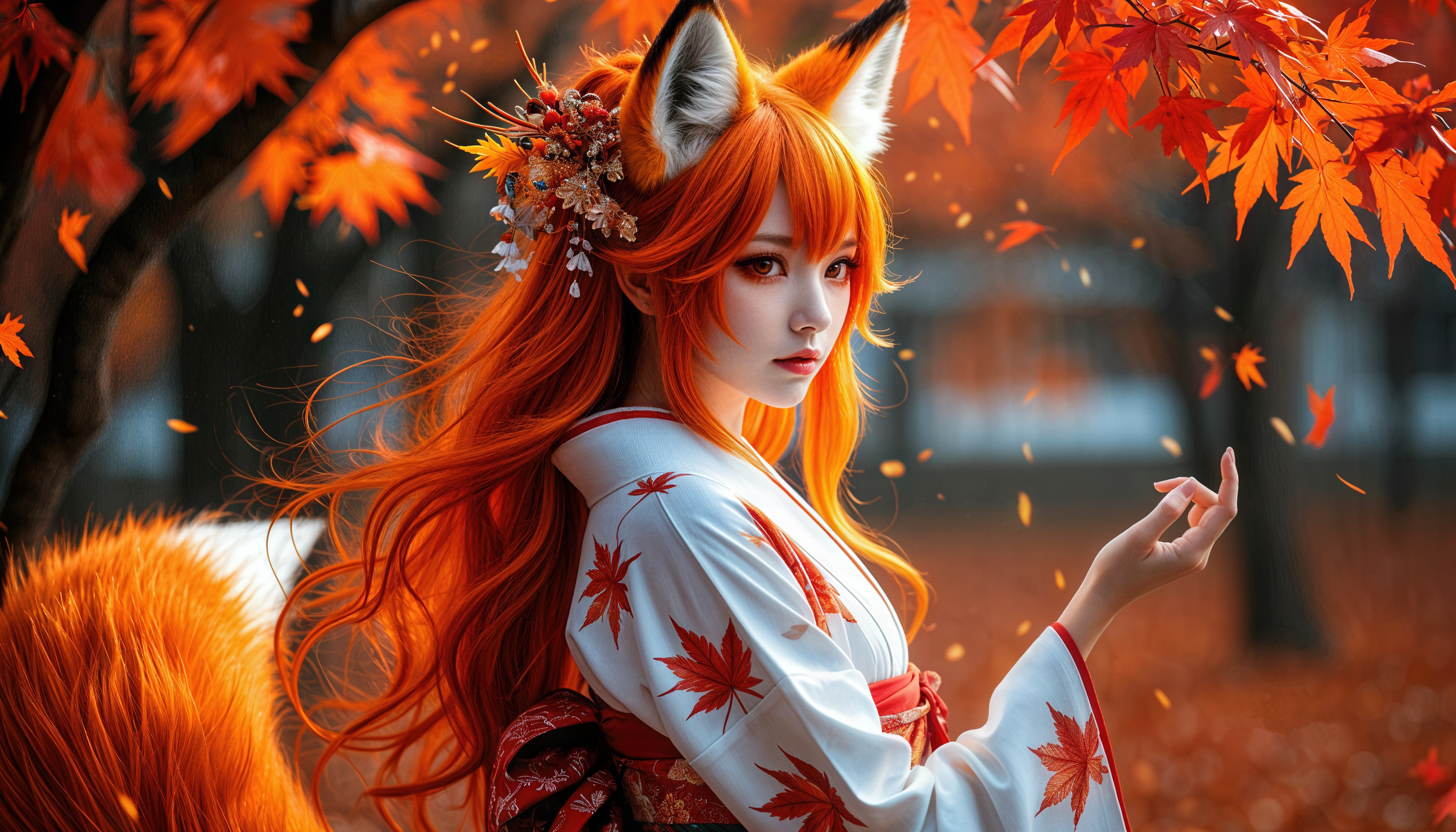 Бесплатное фото Кицунэ в кимоно на фоне осени.