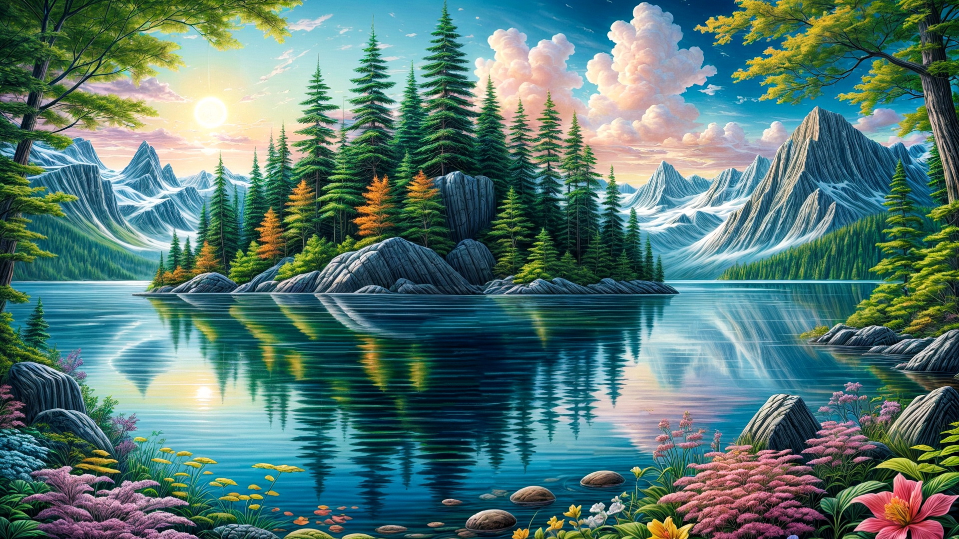 Бесплатное фото Остров посреди озера окруженного горами