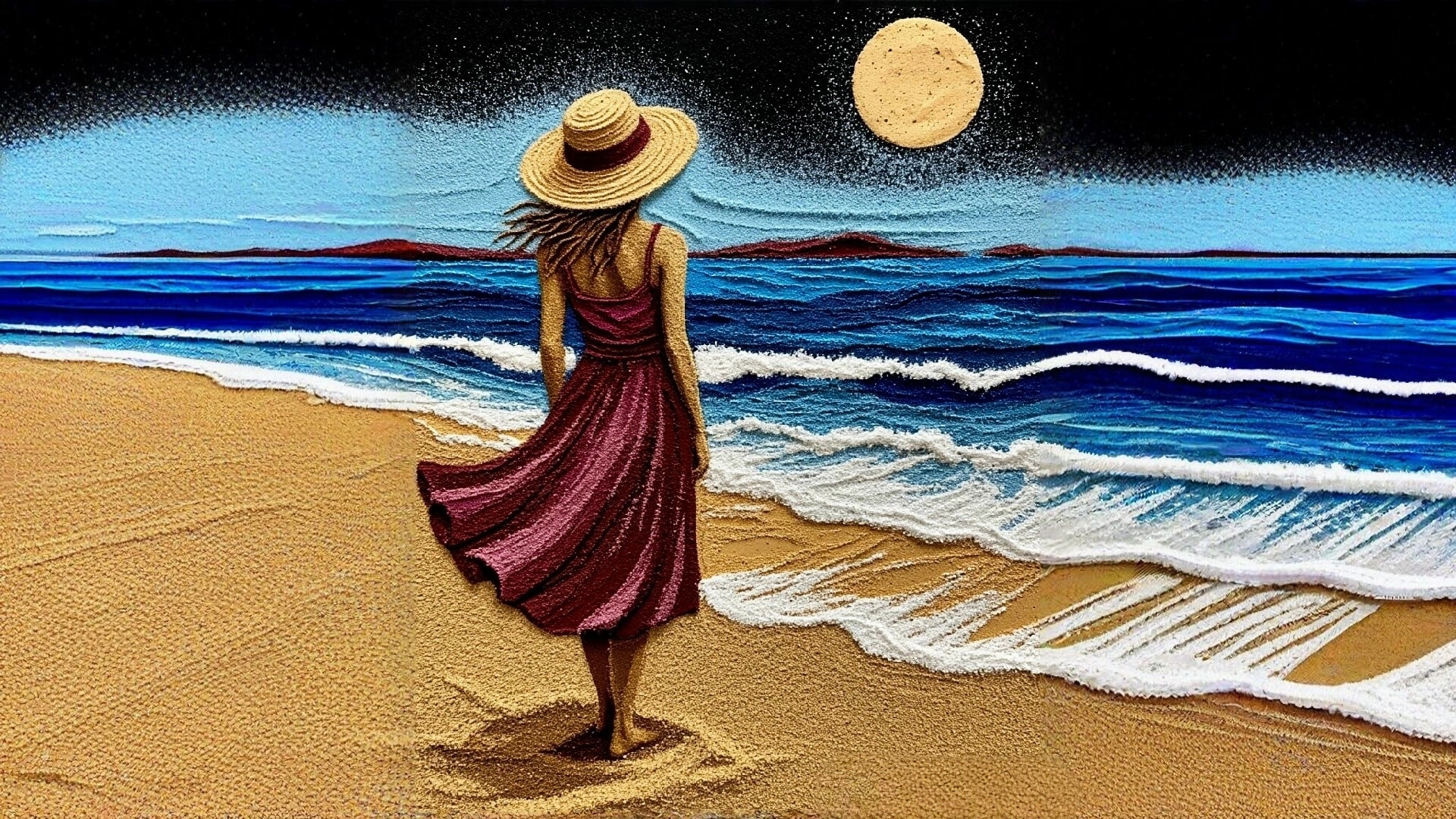 Free photo The girl by the sea and the moon