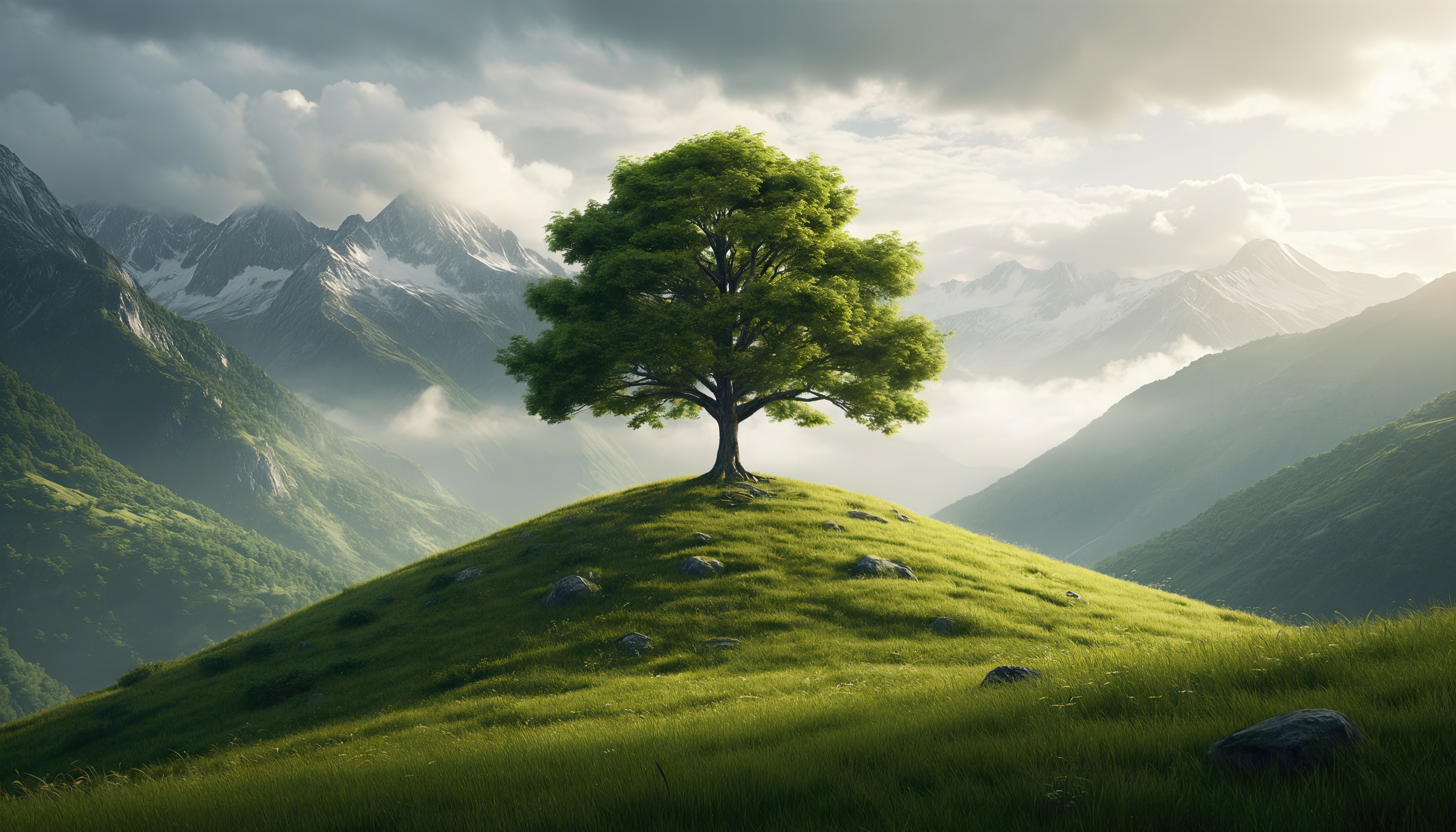 Free photo A lonely green tree on a hilltop against the backdrop of majestic snow-capped mountains in the fog.