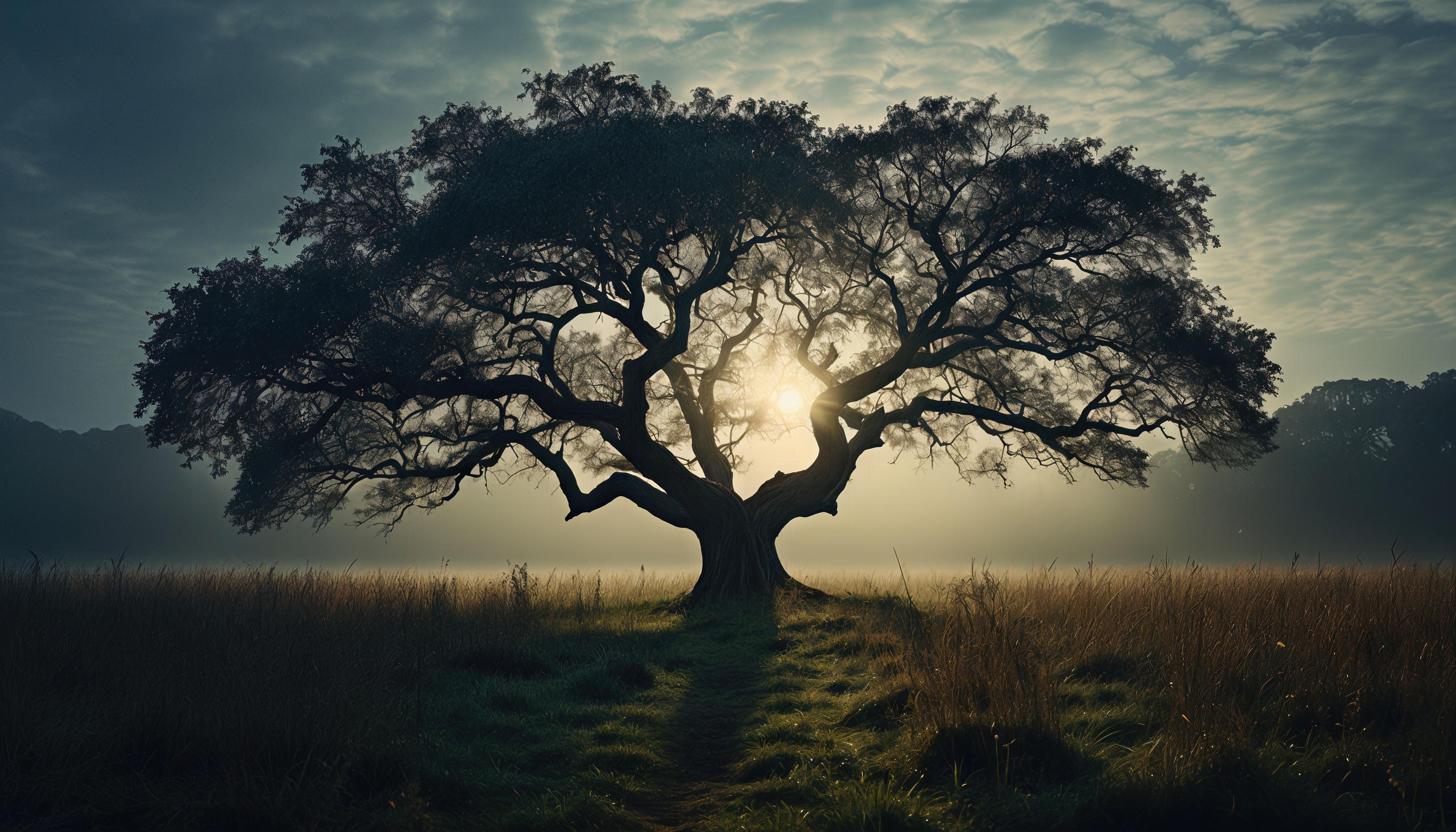 免费照片雾中的树木，阳光穿透枝叶，营造出梦幻般的氛围。