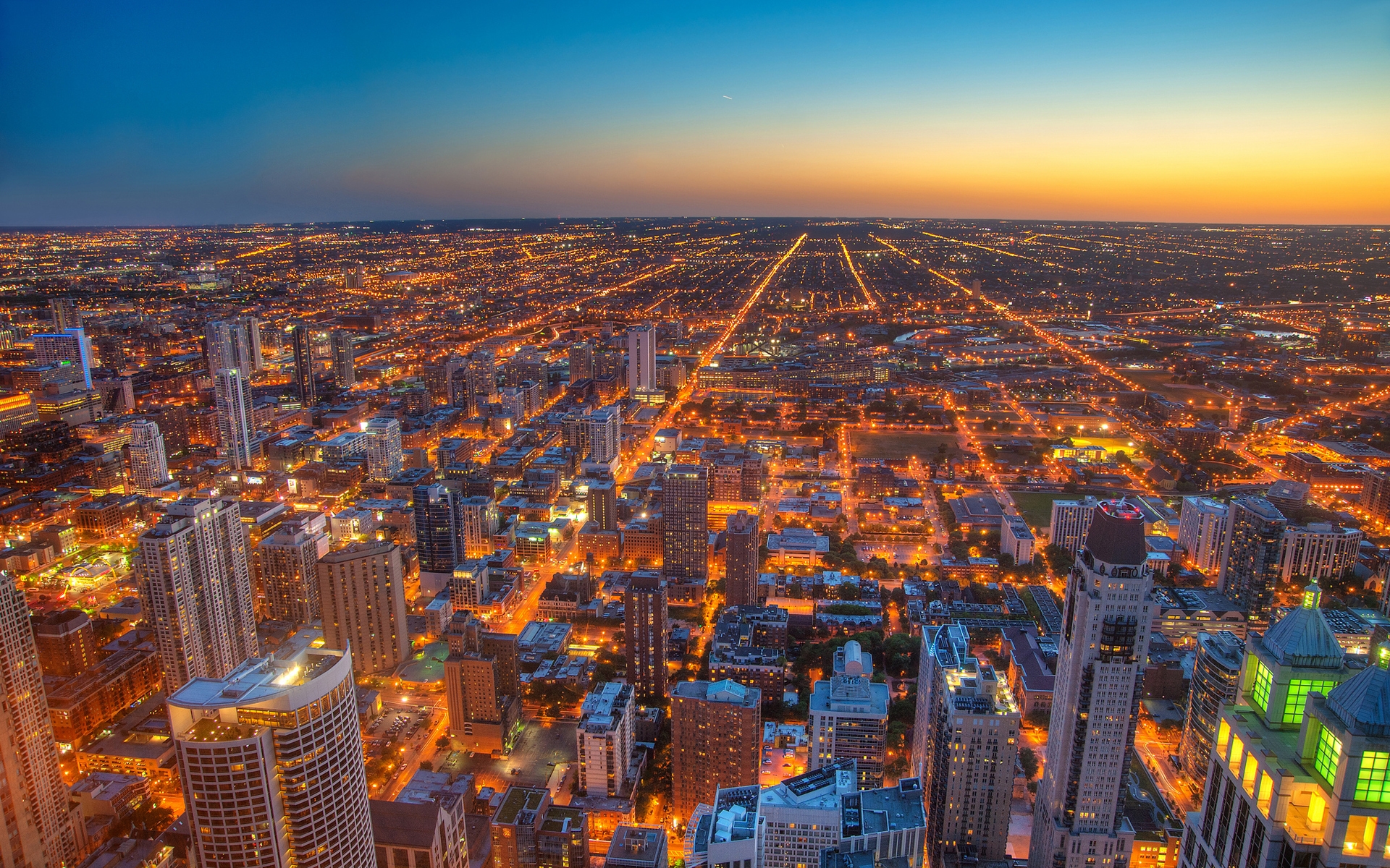 Evening cityscape from a bird`s eye view