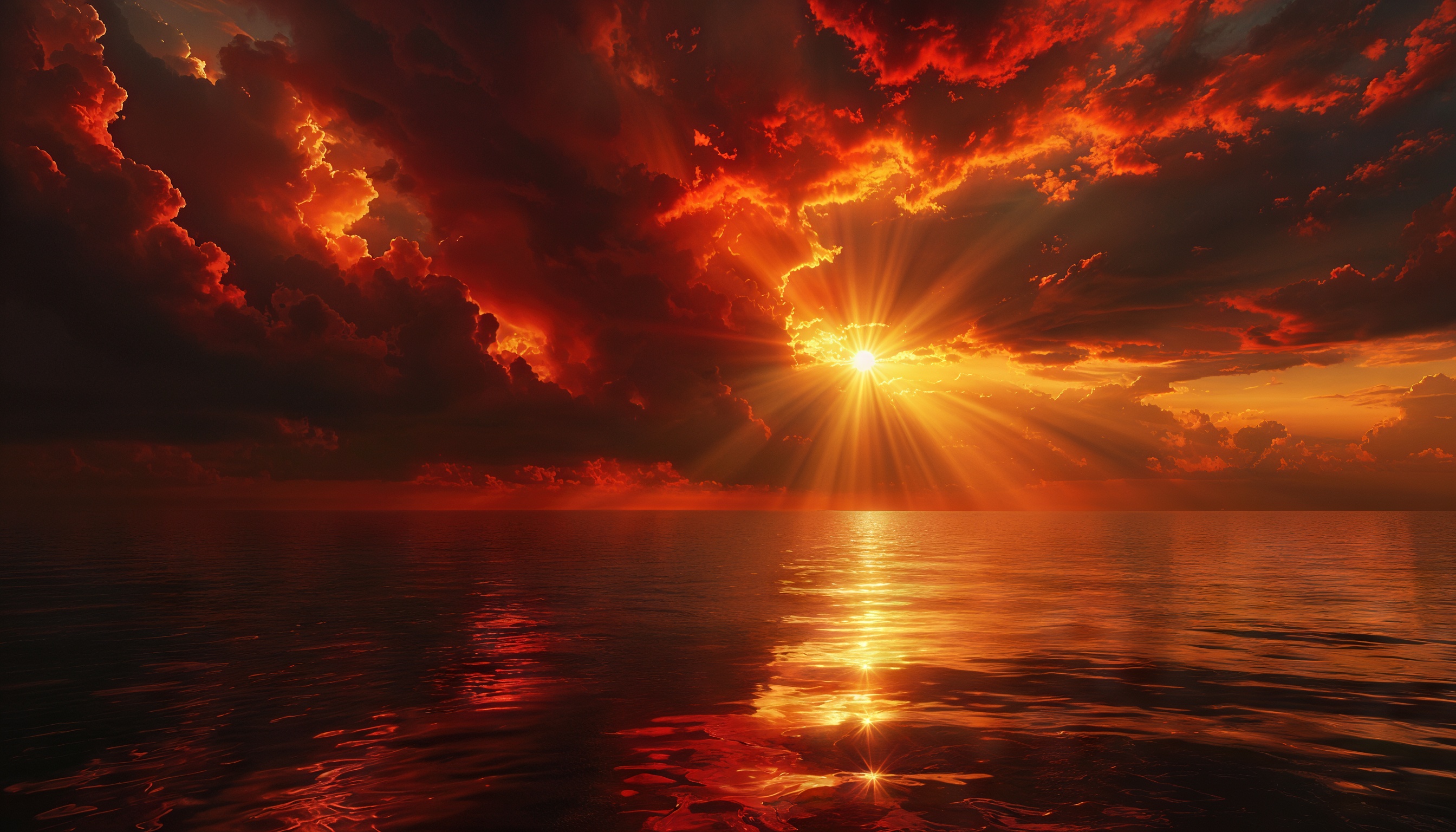 Бесплатное фото Багряный закат пылает над морем, лучи солнца пронзают огненные облака, дрожат в золотой глади воды.