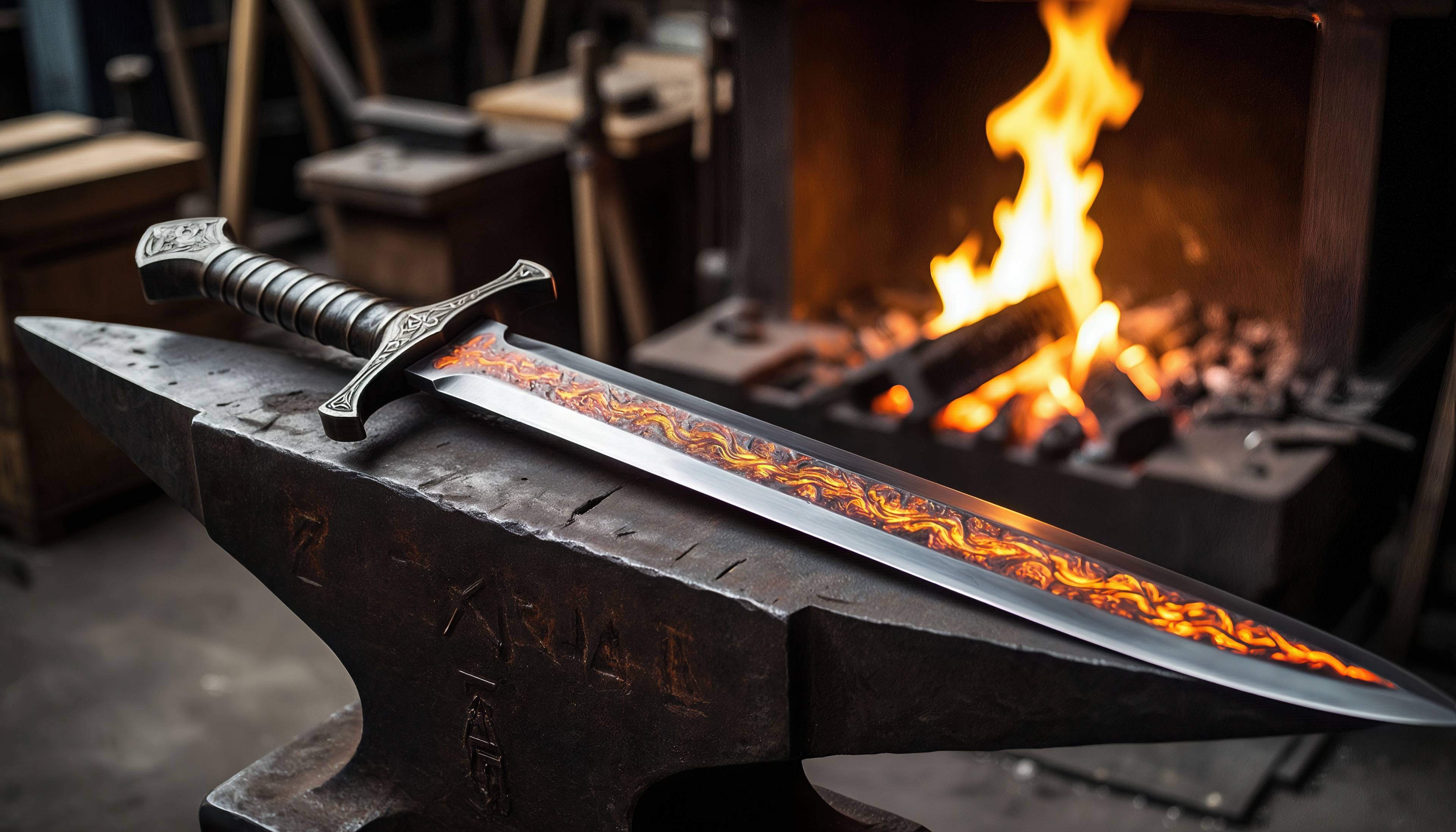 Free photo A sword with a fiery pattern lies on an anvil by a flaming forge.