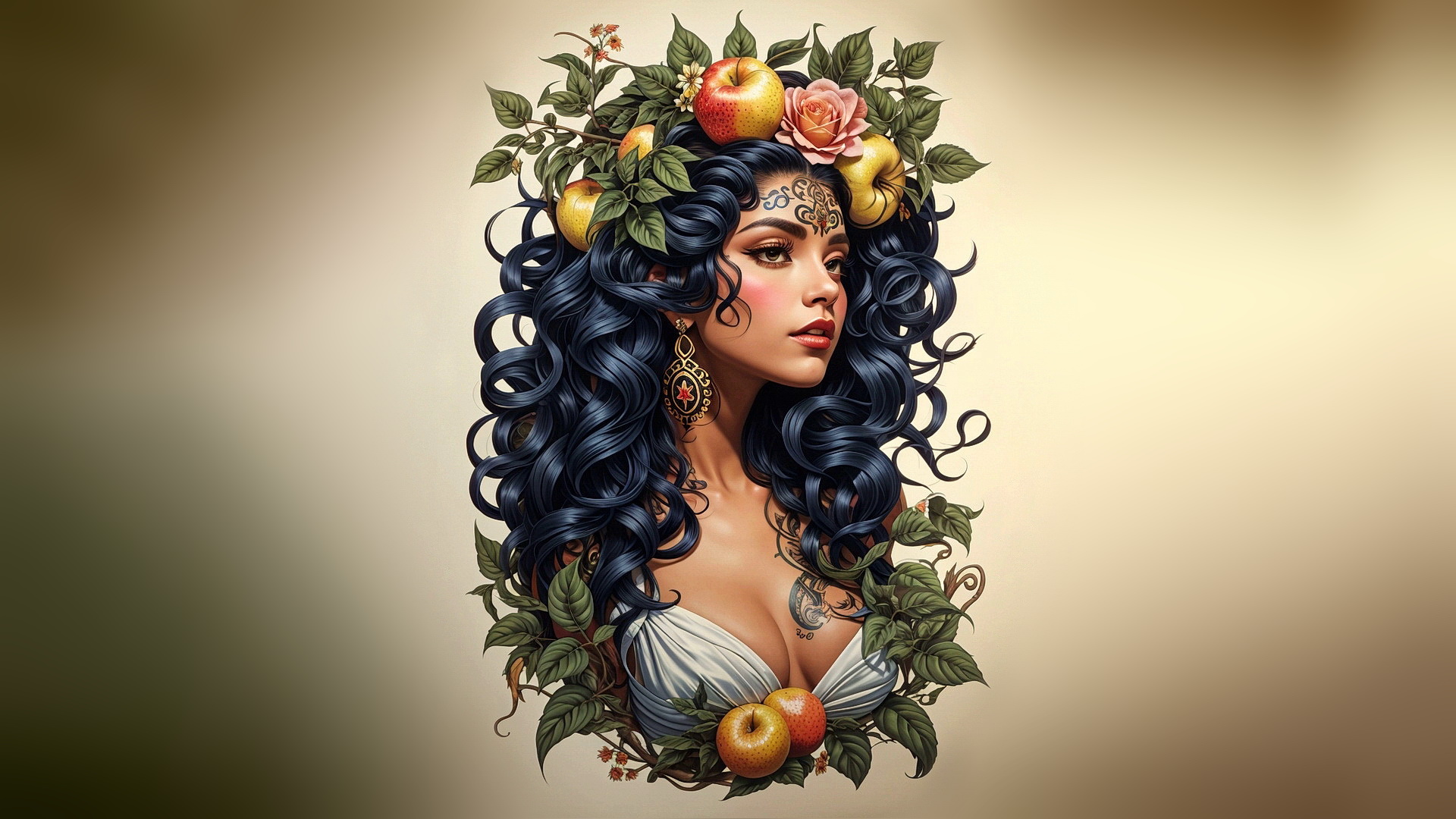 Portrait of a black-haired girl and apples.