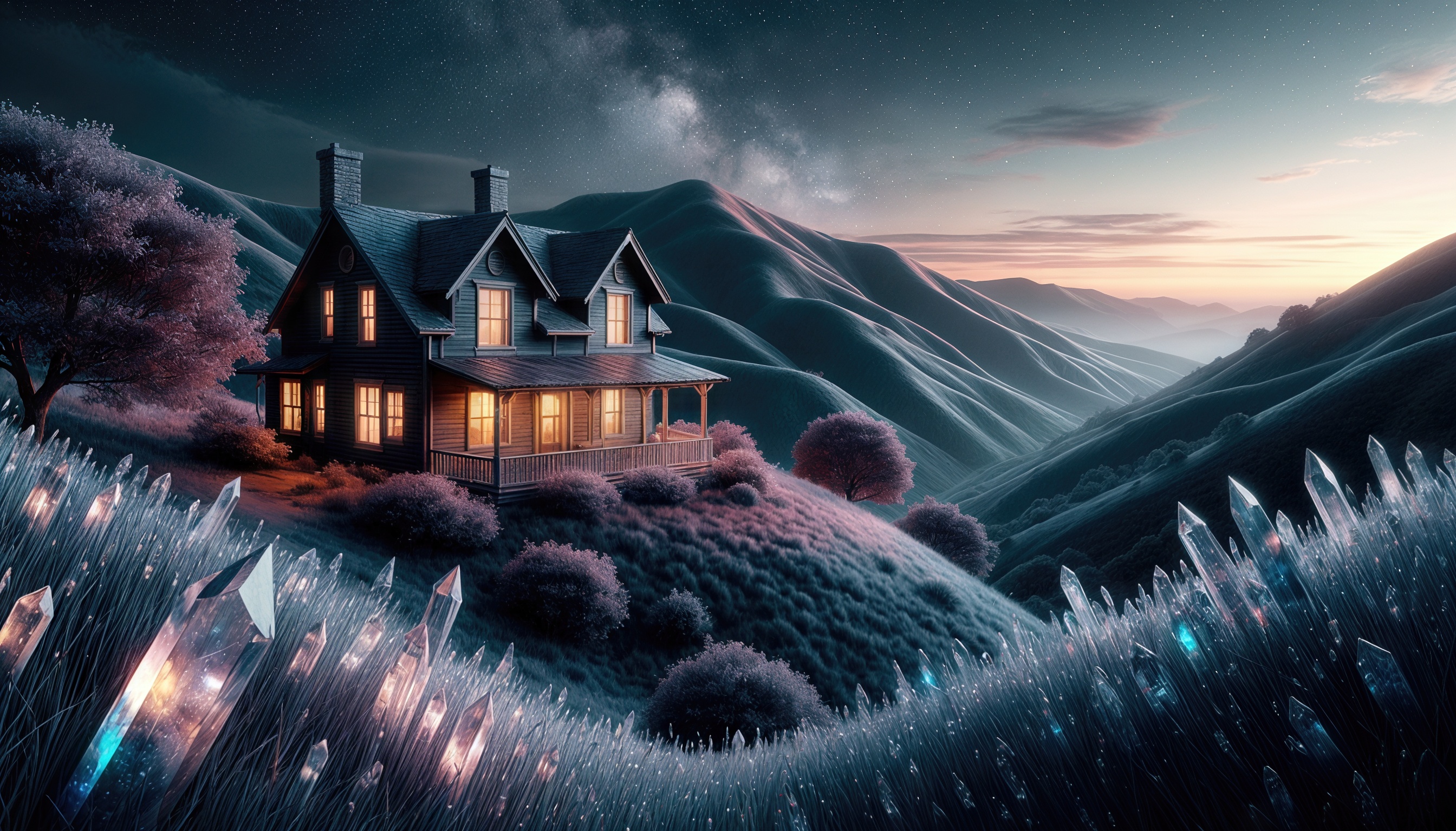 Бесплатное фото Звёздная ночь, дом и поле сверкающих кристаллов - сказочная картина.