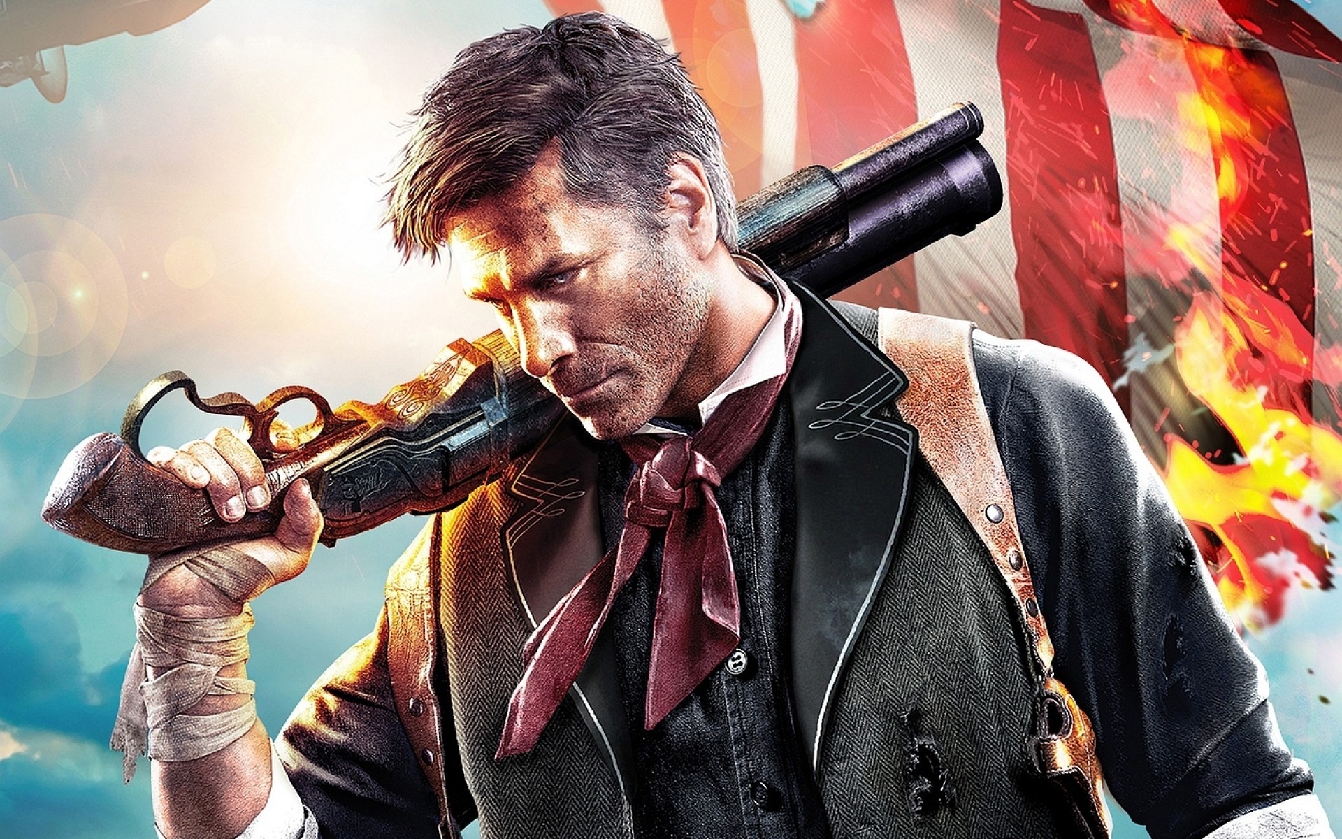 Главный герой игры BioShock Infinite, Букер ДеВитт, в костюме начала XX века с оружием в руках.