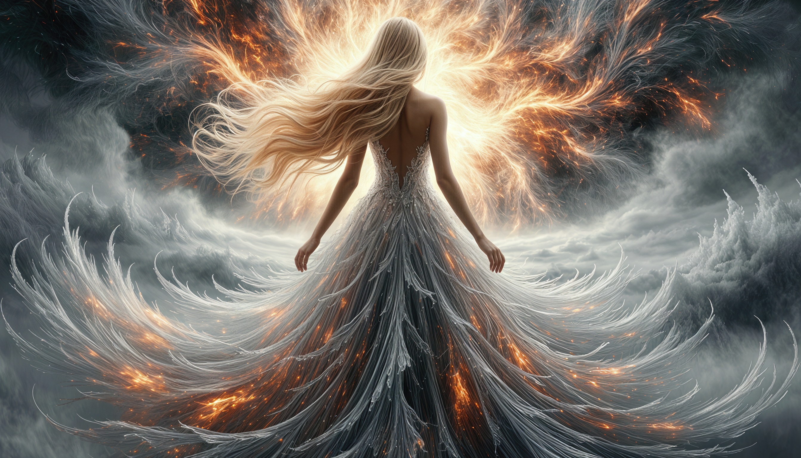Богиня в платье из ледяных лоскутов, пронизанное магическими всполохами на фоне магического буйства.