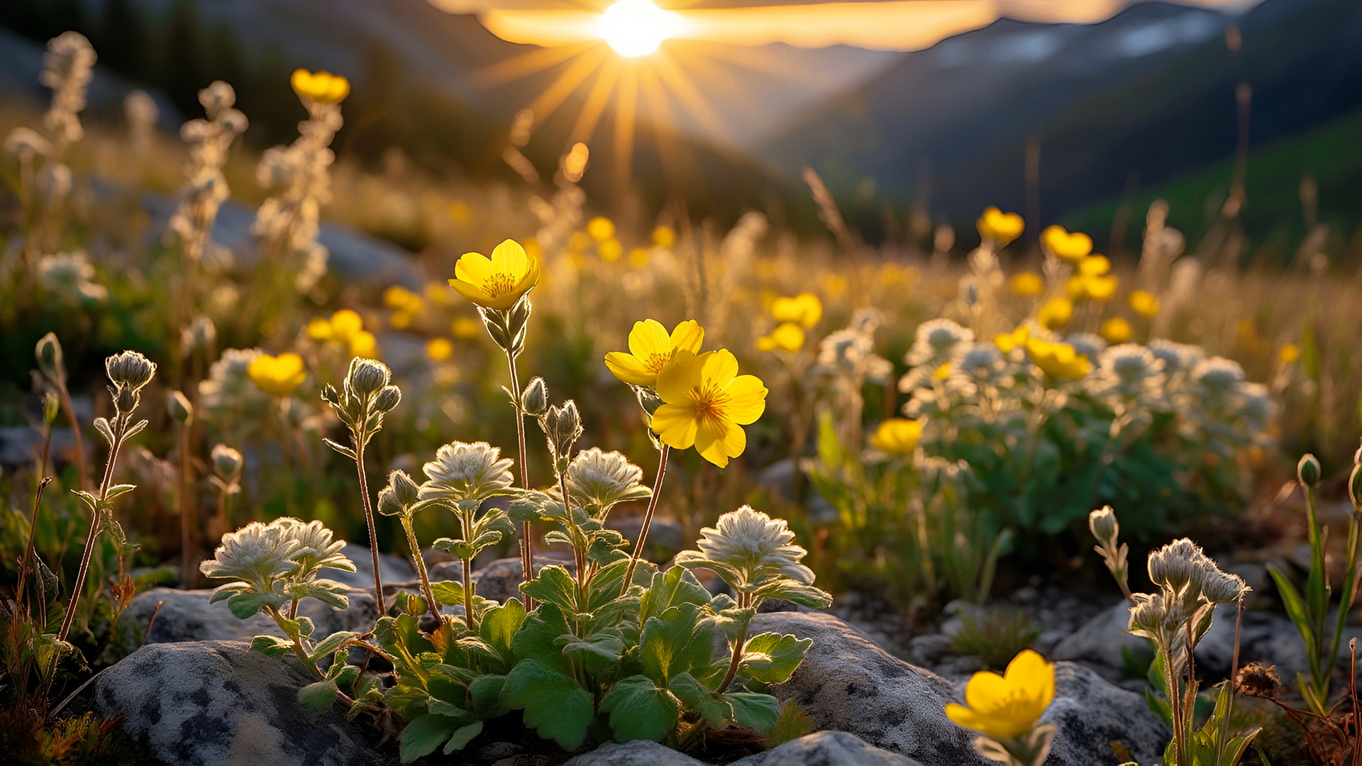 Пейзаж желтые цветы и восход солнца