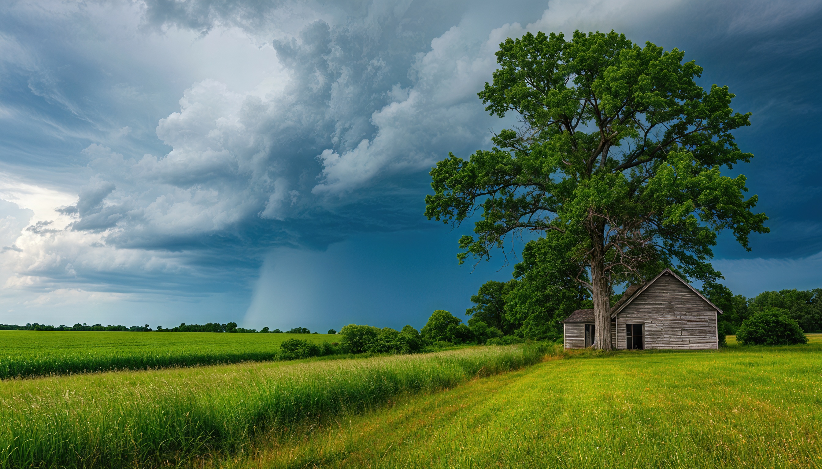 Бесплатное фото Сельский пейзаж с деревом и старым деревянным зданием на фоне грозового неба.