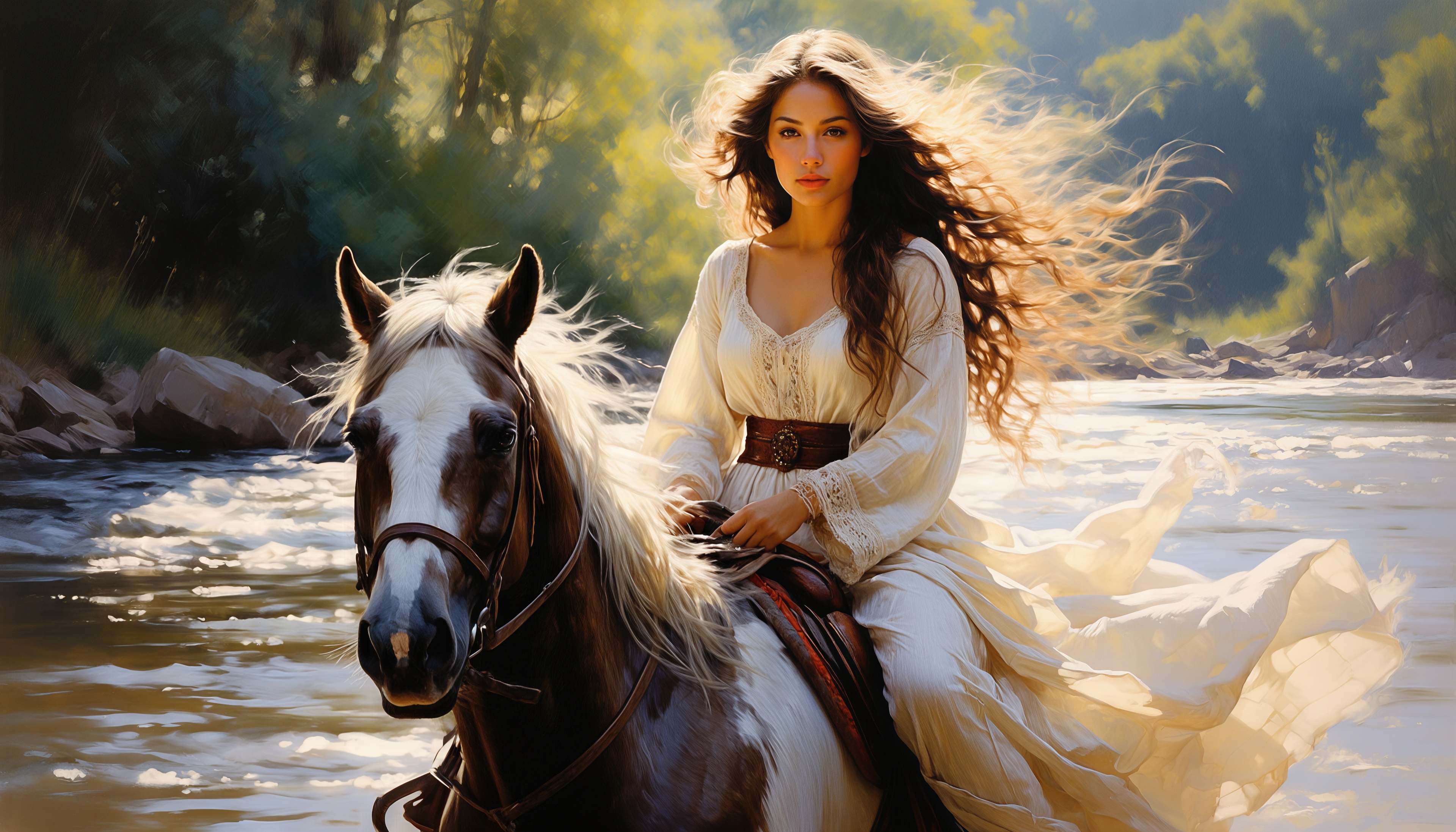 Прекрасная наездница покоряет реку верхом на коне.