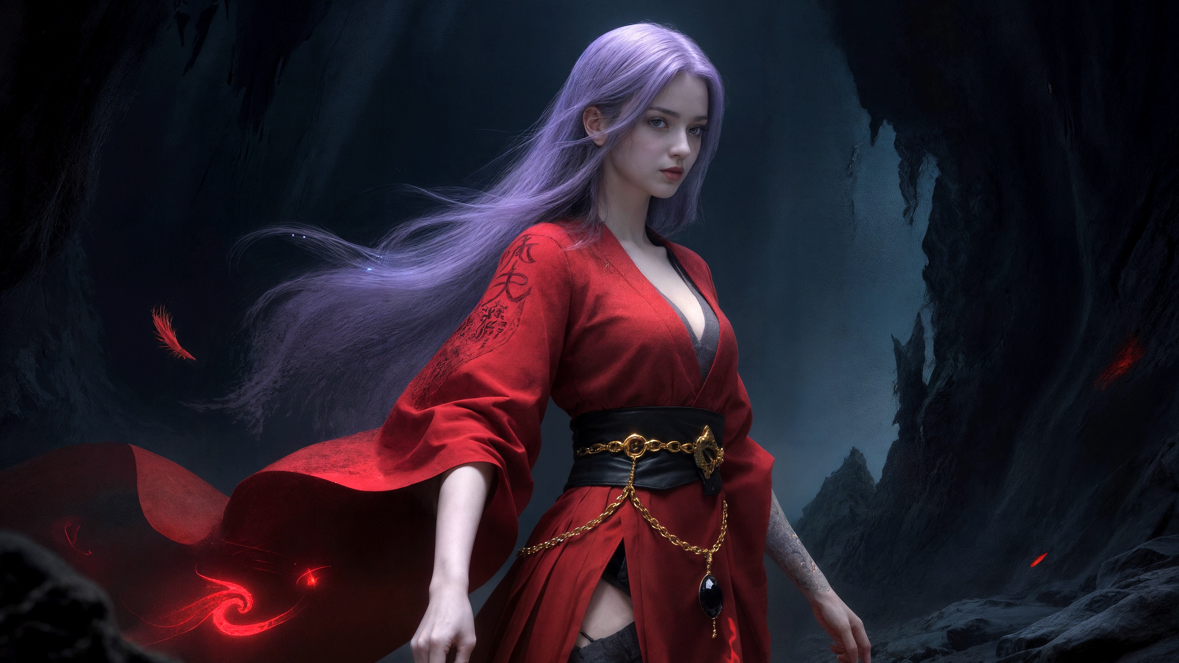 Бесплатное фото Девушка в красном платье с сиреневыми волосами