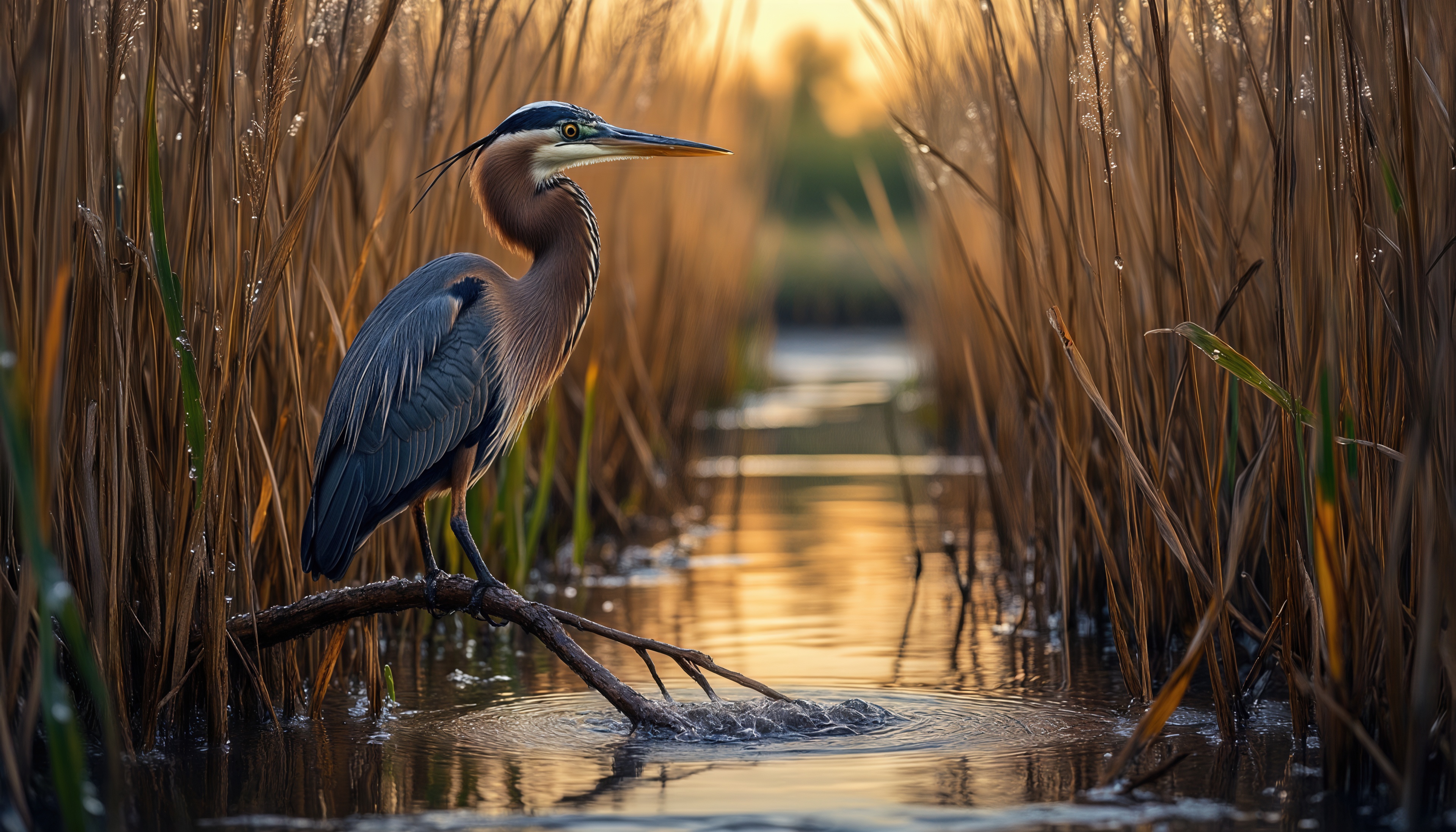 Закат окрасил тростники, цапля замерла на ветке у воды.