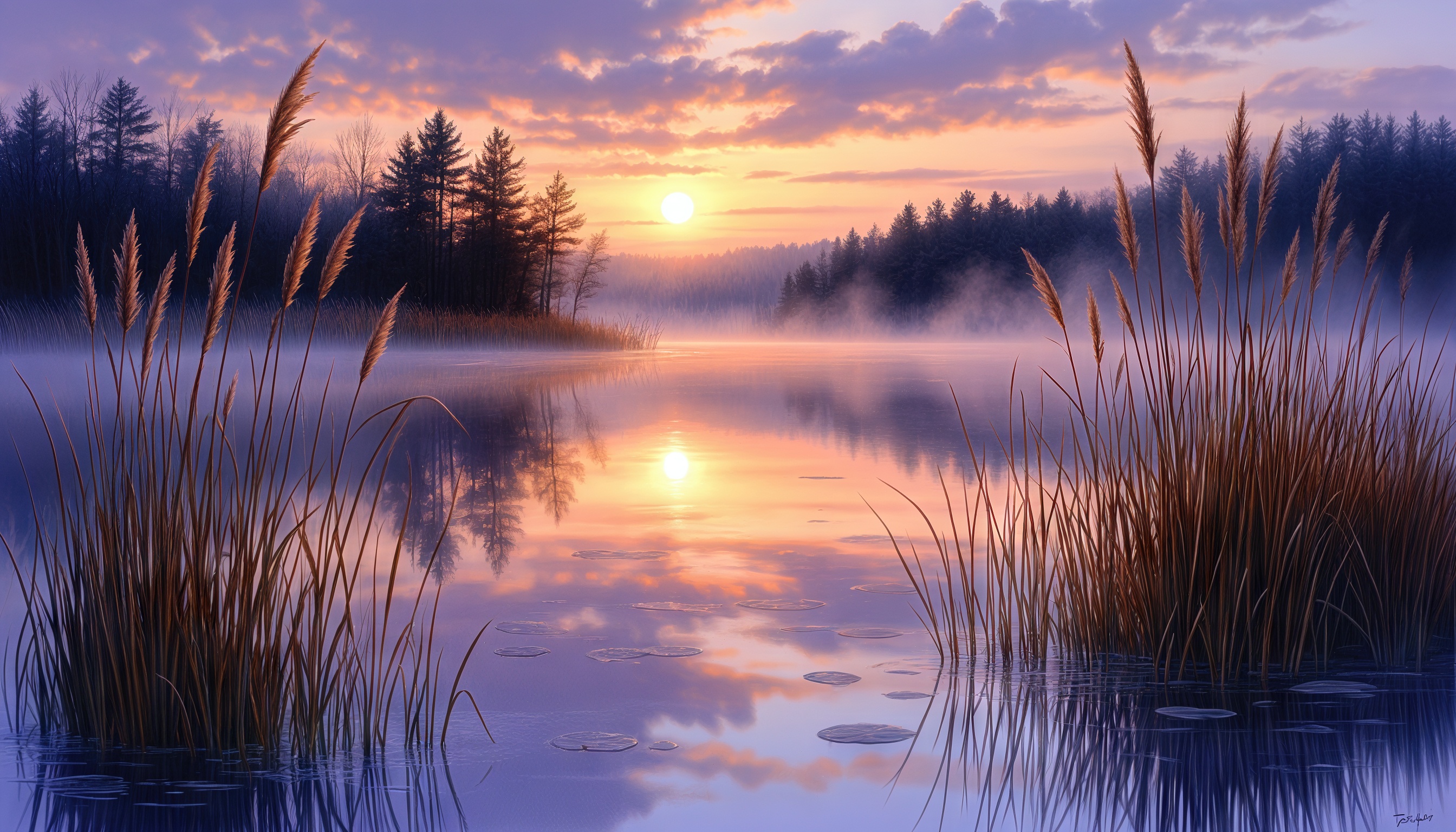 Закат над озером с отражением в воде, окруженным тростником и деревьями.