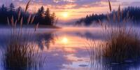 Закат над озером с отражением в воде, окруженным тростником и деревьями.