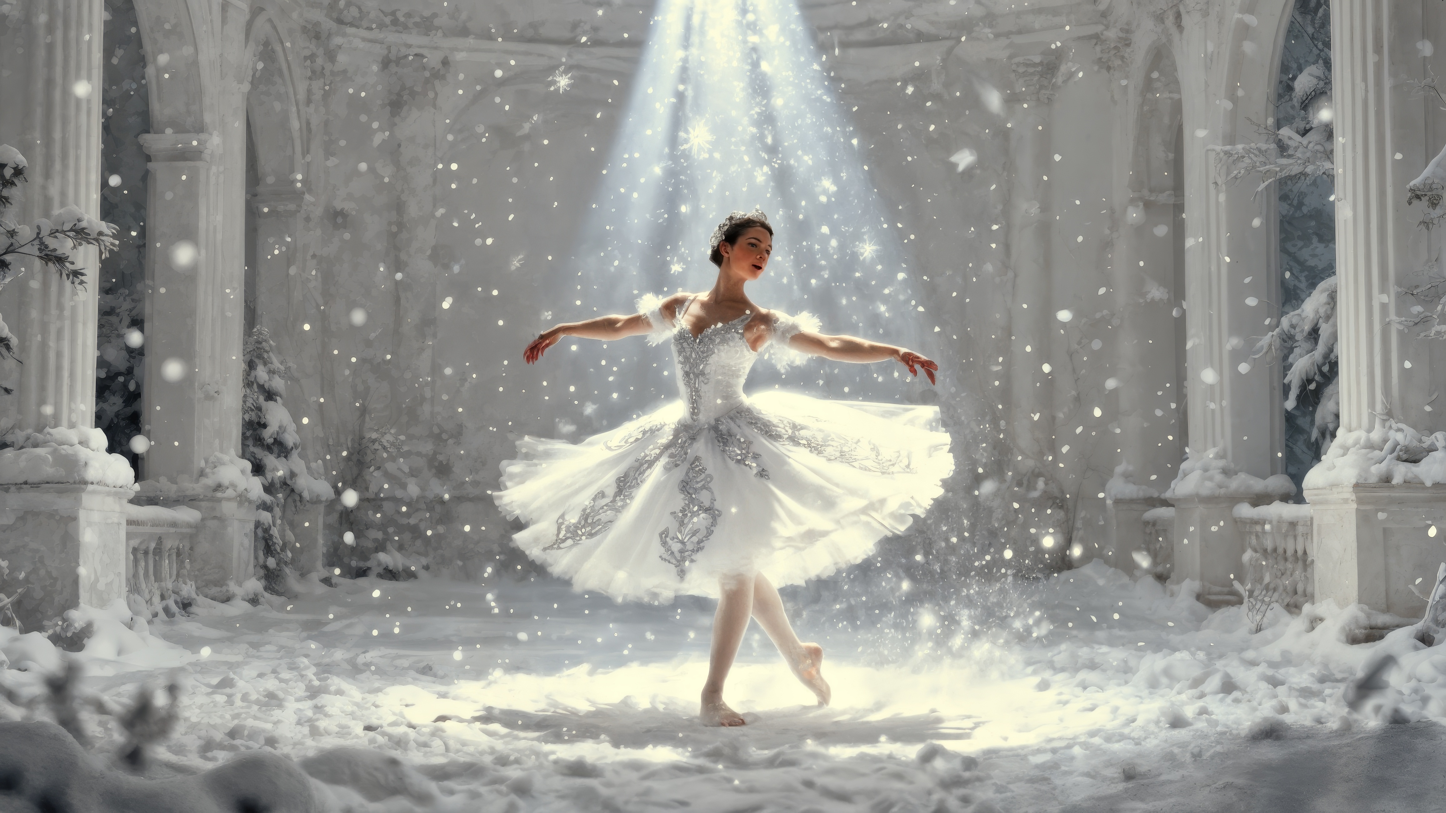 Художественная фотография балерины в снегу, на которую падает свет.