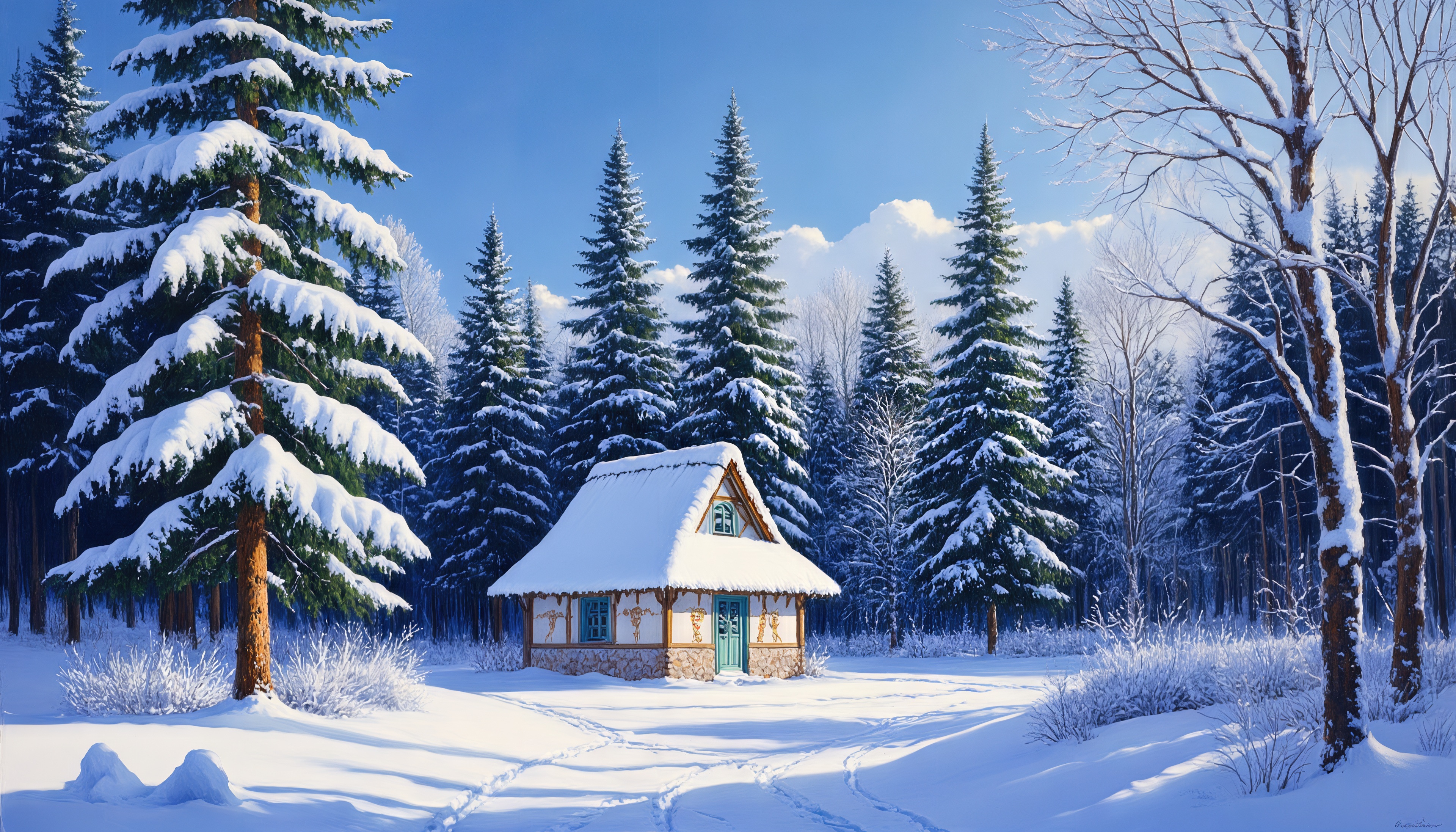 Free photo A cozy house is lost in a snow-covered forest among tall firs and pines.